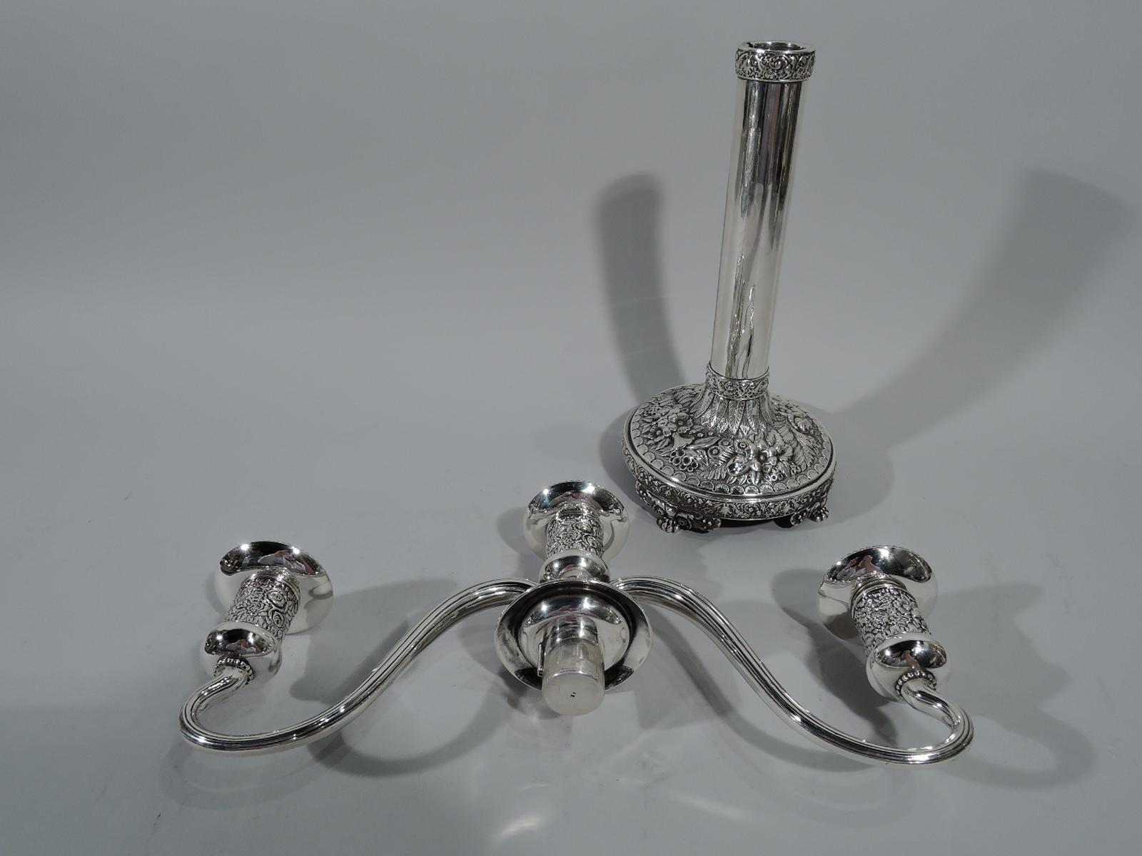 American Pair of Antique Tiffany Repousse Sterling Silver Three-Light Candelabra