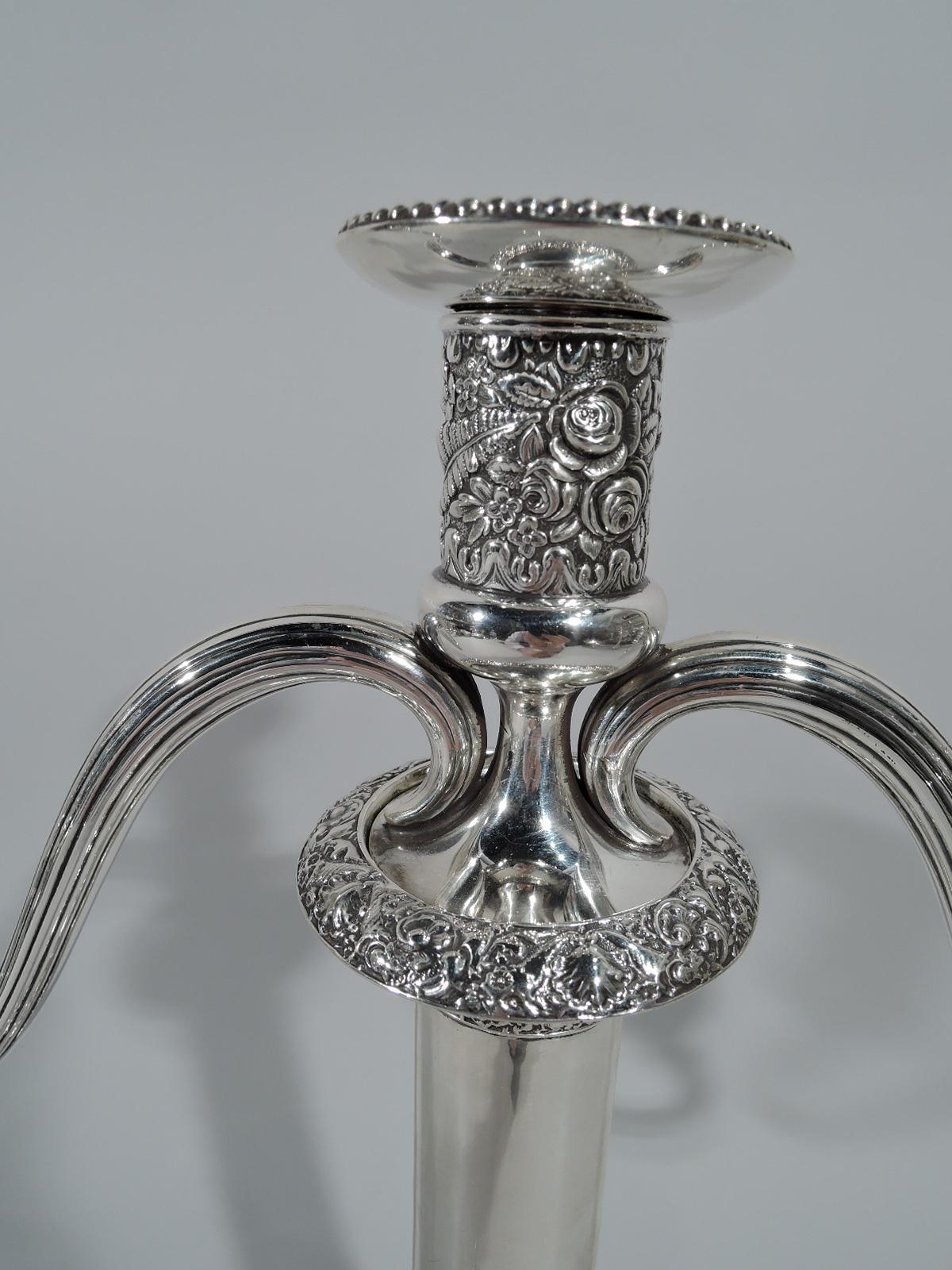Pair of Antique Tiffany Repousse Sterling Silver Three-Light Candelabra In Excellent Condition In New York, NY