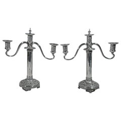 Pair of Antique Tiffany Repousse Sterling Silver Three-Light Candelabra