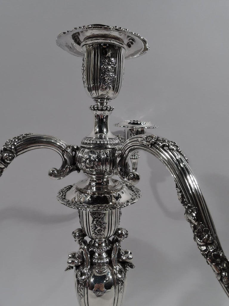 Pair of Antique Tiffany Rococo Cherub and Garland 4Light Candelabra