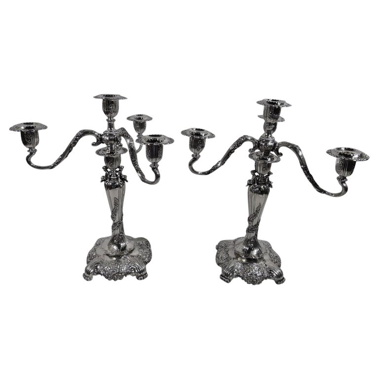 Pair of Antique Tiffany Rococo Cherub and Garland 4Light Candelabra