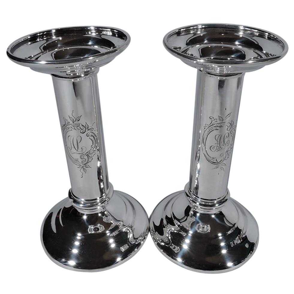 Pair of Antique Tiffany Sterling Silver Classical Column Candlesticks