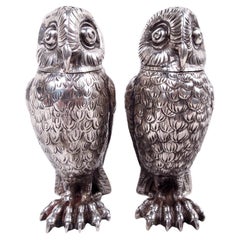 Pareja de saleros y pimenteros antiguos Tiffany Wise Bird Owl