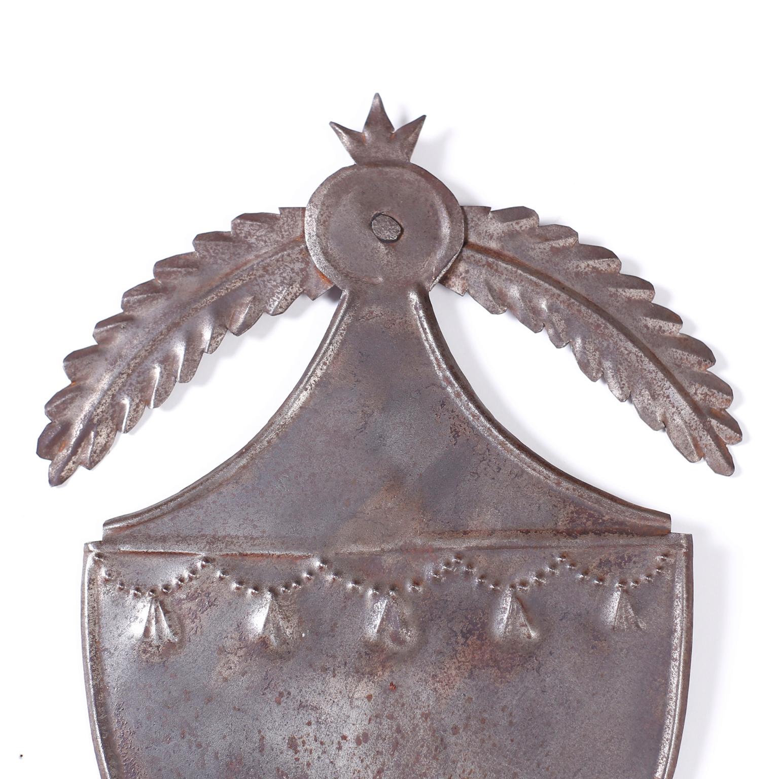 Pair of Antique Tin Shield Sconces In Good Condition In Palm Beach, FL