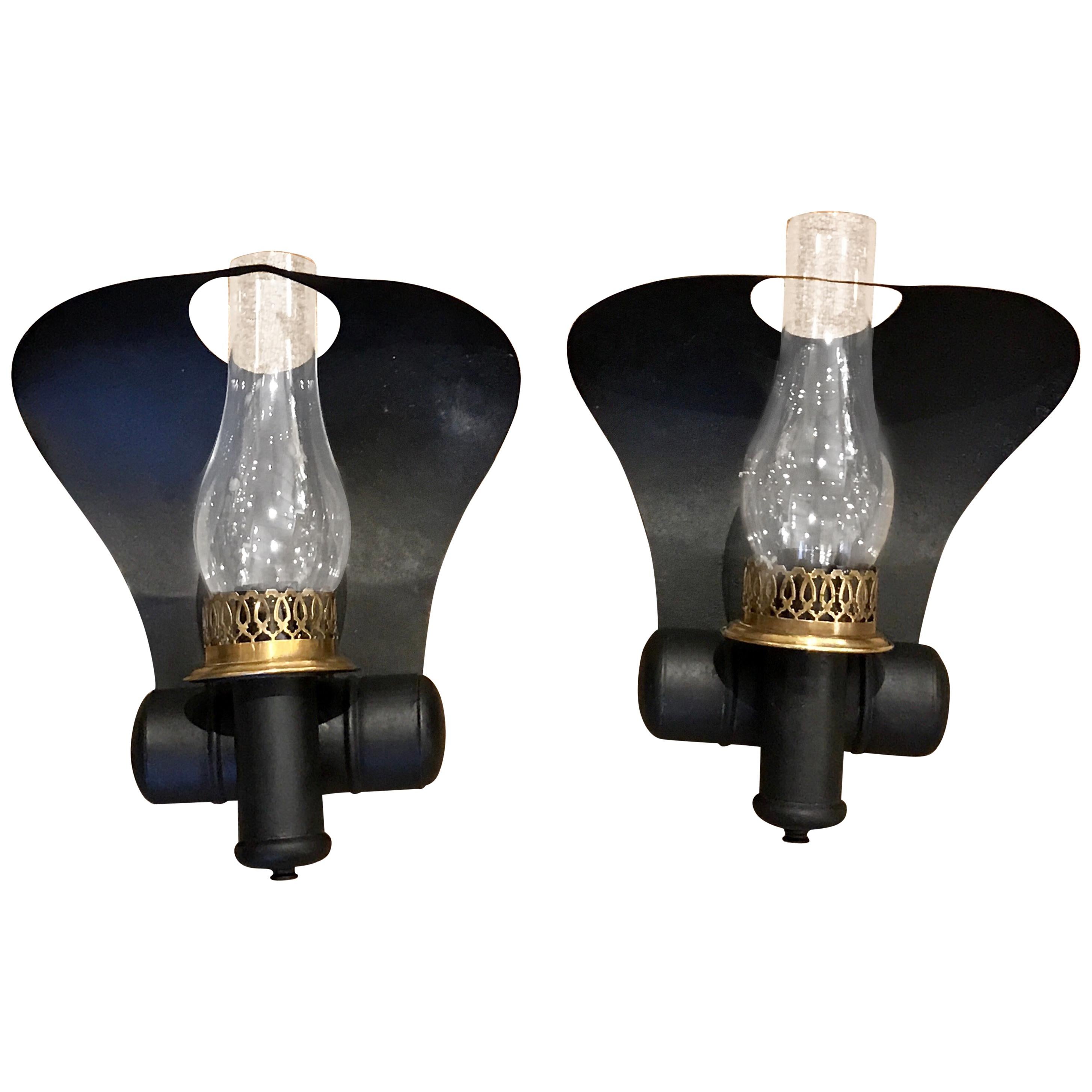 Pair of Antique Tole "Cobra" Oil Lamp Sconces, Now Electrified im Angebot