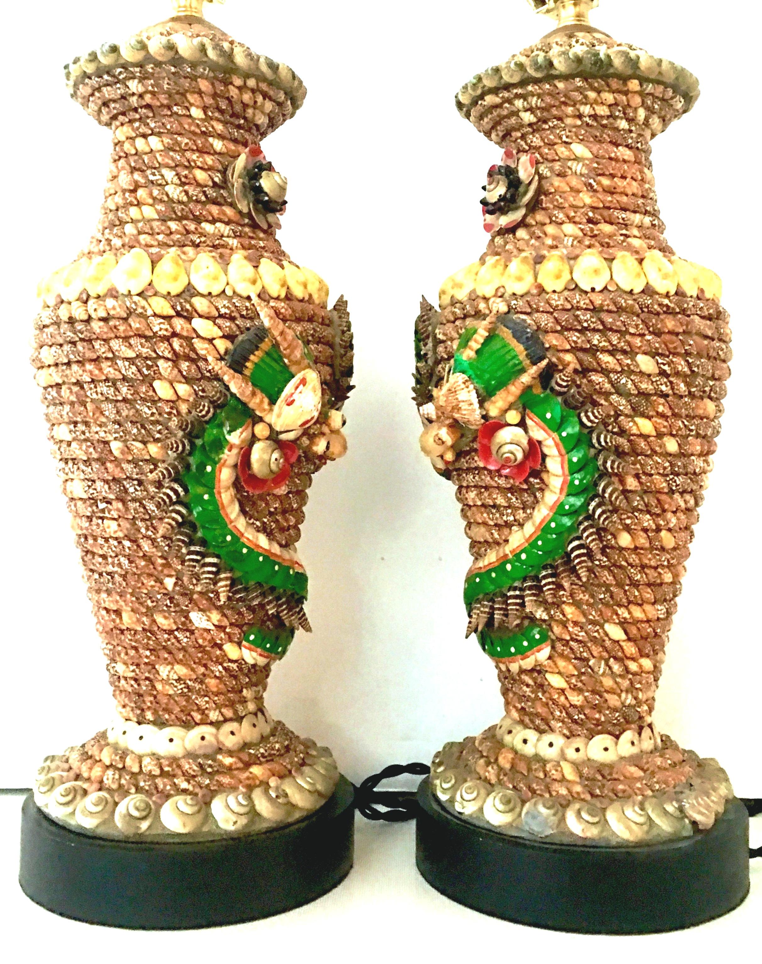 Hand-Crafted Mid-20th Century Pair Of Tony Duquette Style Seashell Dragon Motif Table Lamps