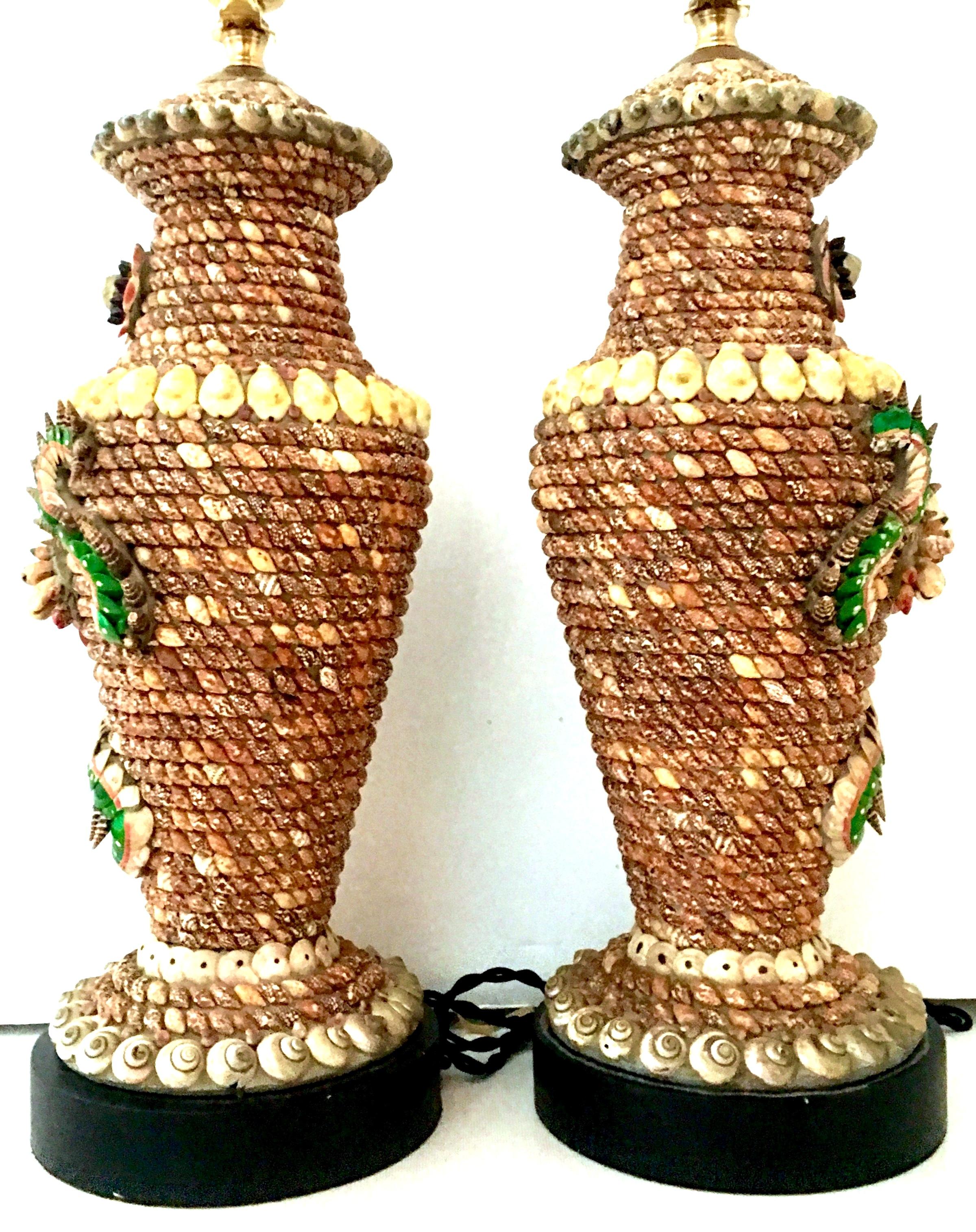 Mid-20th Century Pair Of Tony Duquette Style Seashell Dragon Motif Table Lamps In Good Condition In West Palm Beach, FL