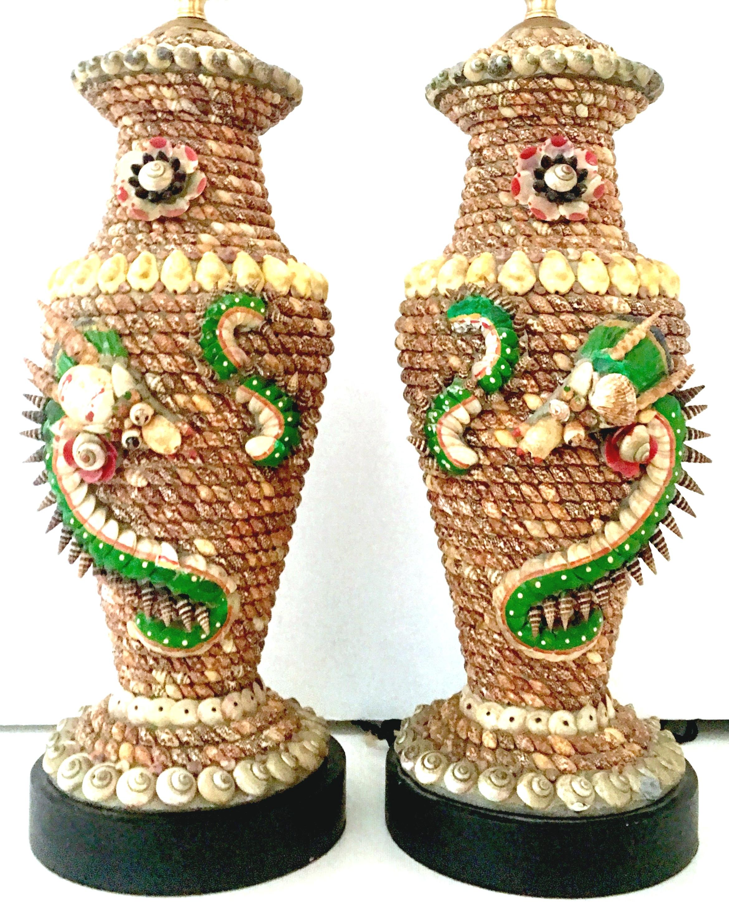 Hollywood Regency Mid-20th Century Pair Of Tony Duquette Style Seashell Dragon Motif Table Lamps
