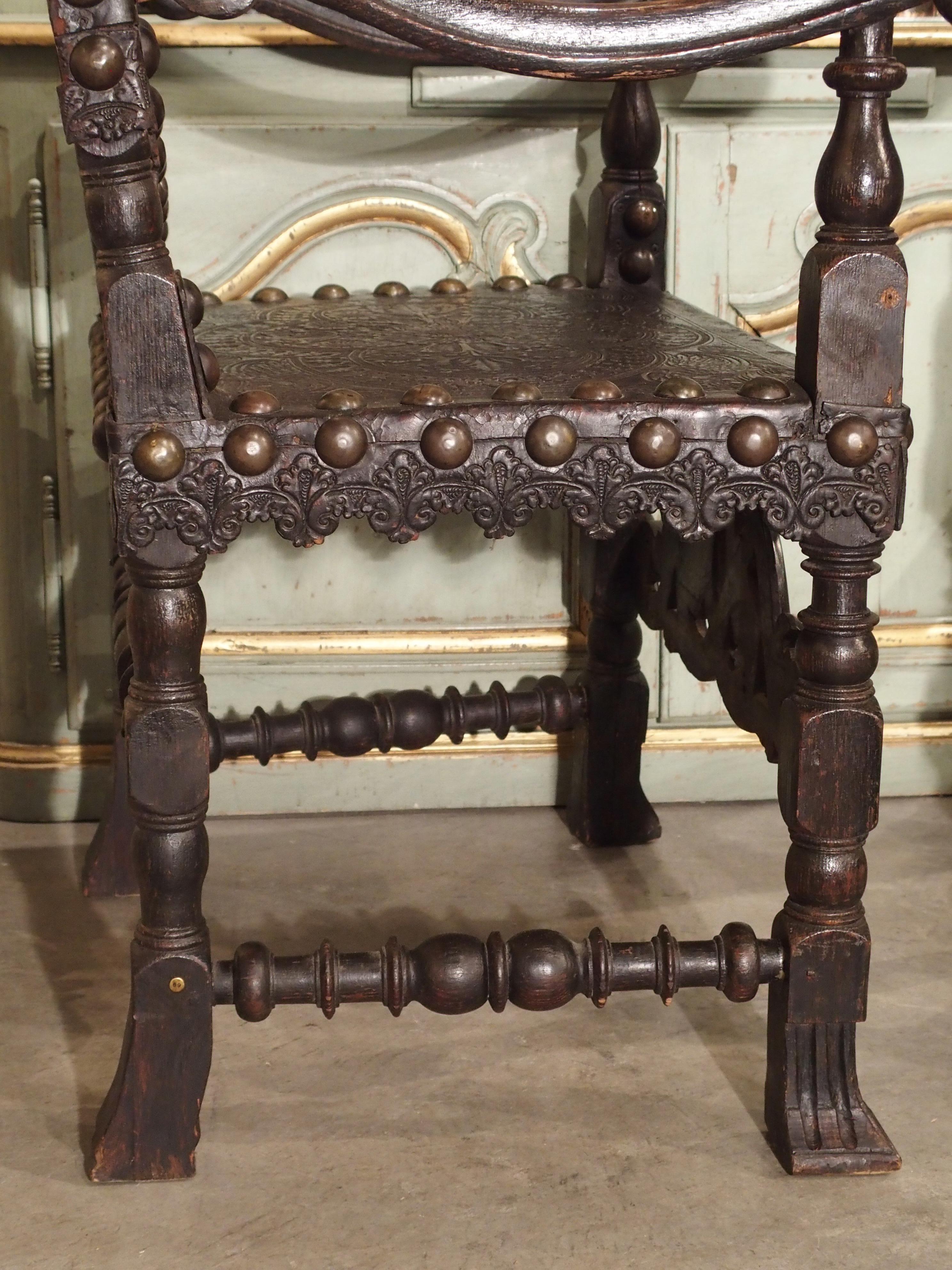 Pair of Antique Tooled Leather and Oak Armchairs from Spain 2