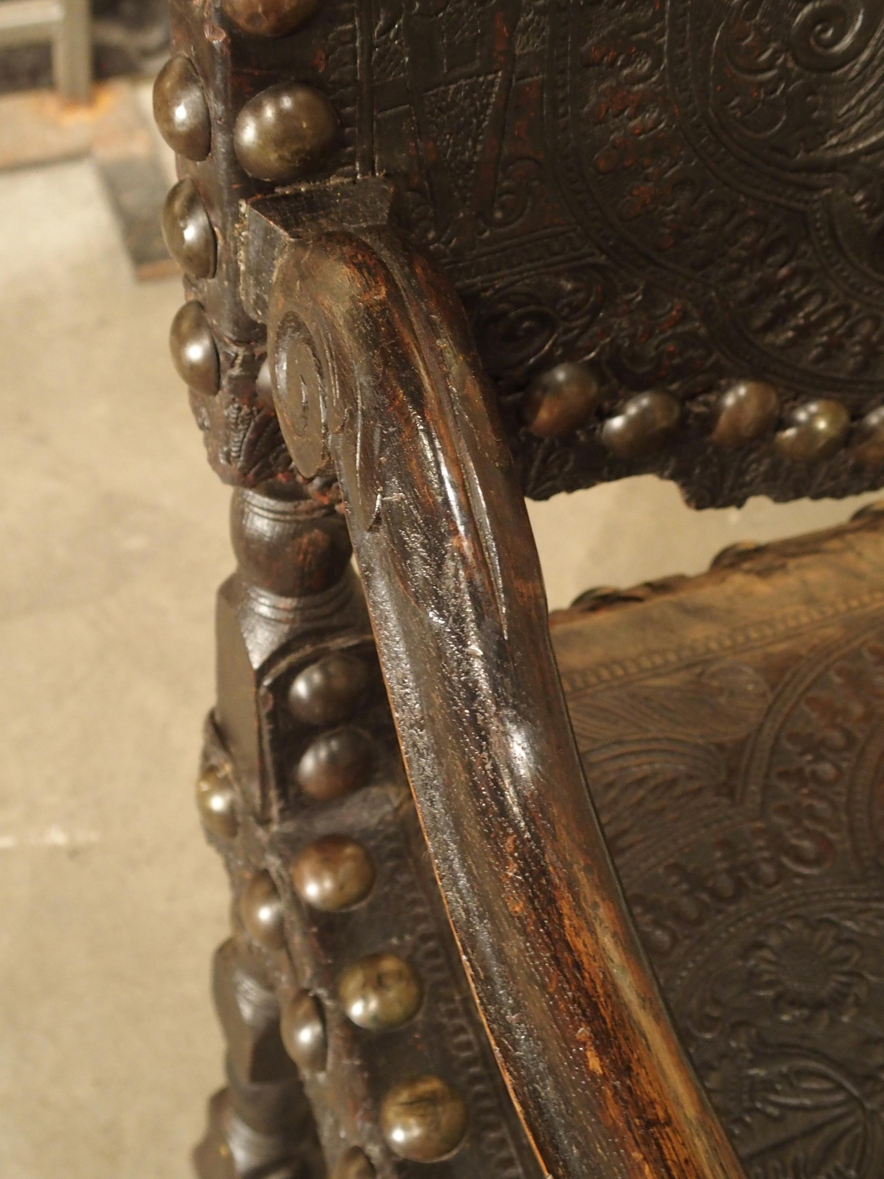 Pair of Antique Tooled Leather and Oak Armchairs from Spain 3