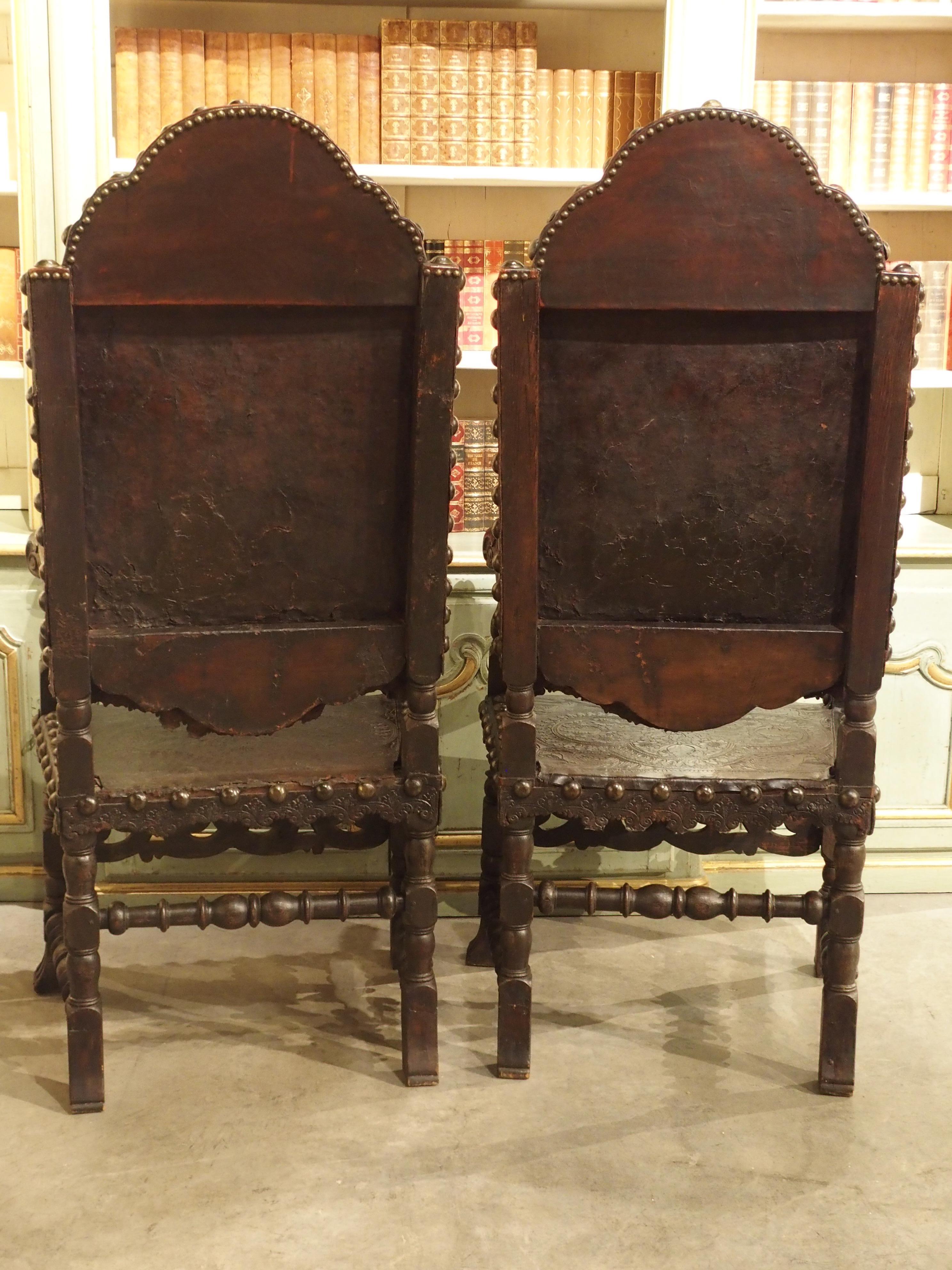Pair of Antique Tooled Leather and Oak Armchairs from Spain 6