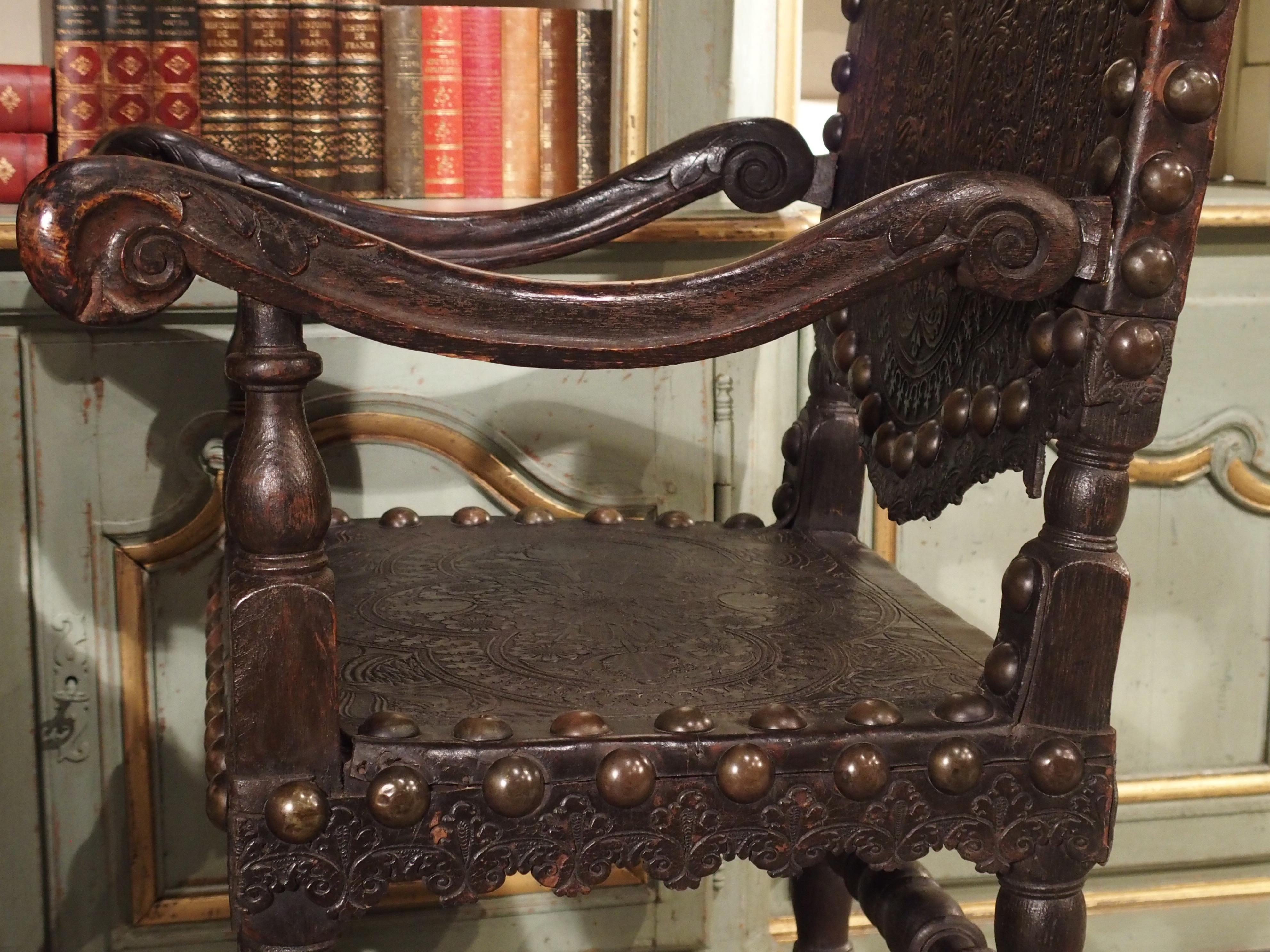 Pair of Antique Tooled Leather and Oak Armchairs from Spain 9