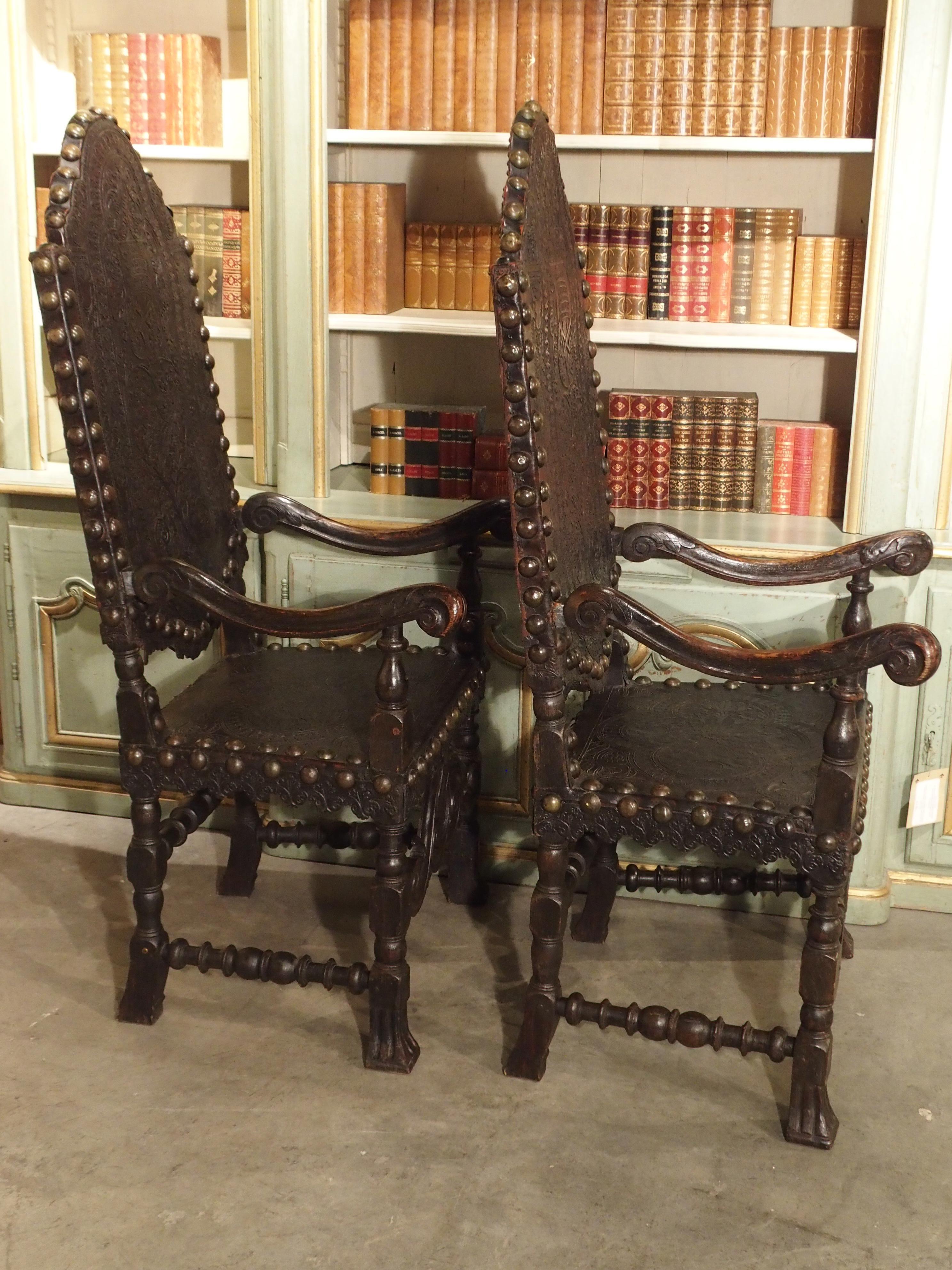 Pair of Antique Tooled Leather and Oak Armchairs from Spain 12