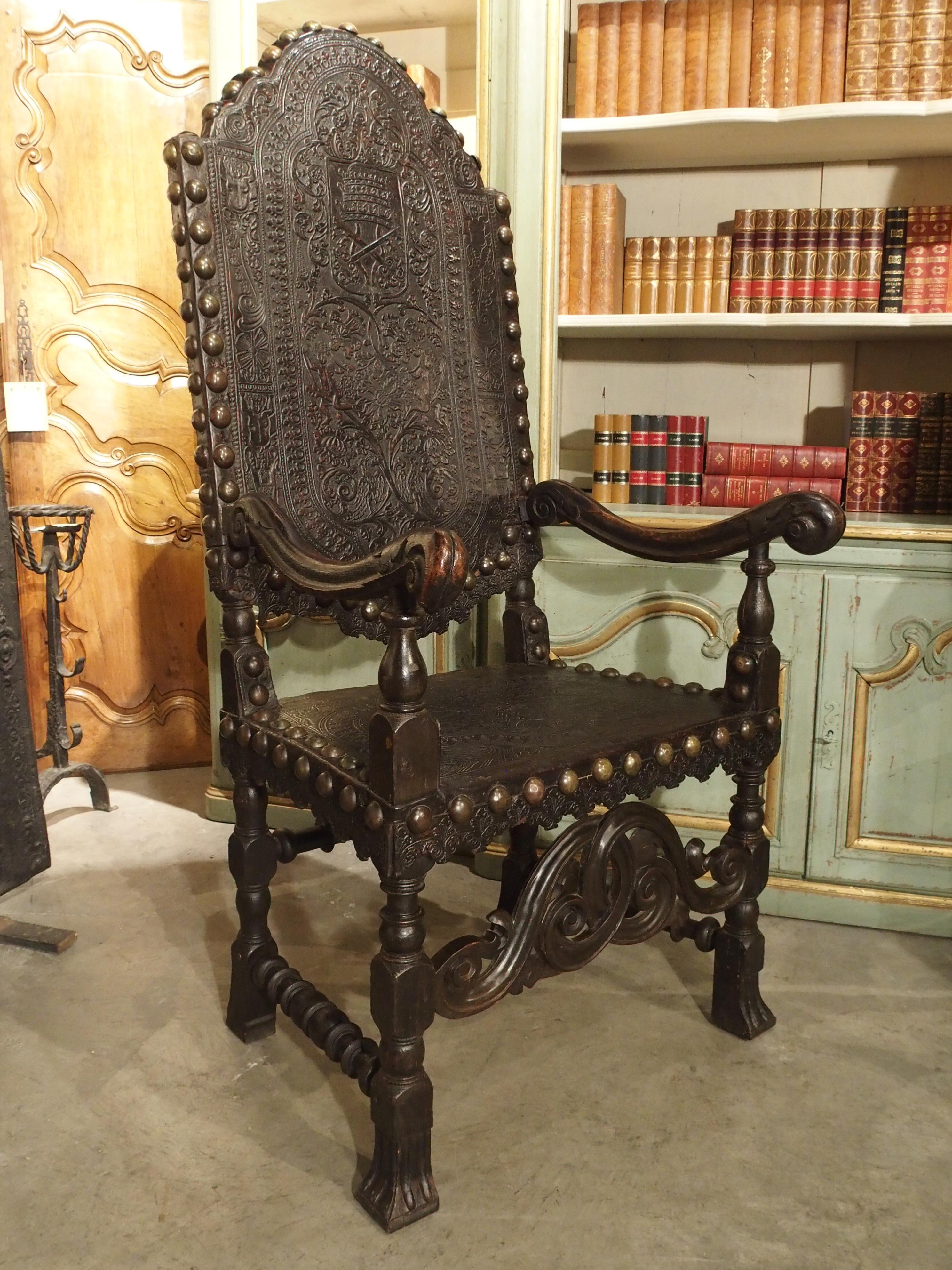 Baroque Pair of Antique Tooled Leather and Oak Armchairs from Spain