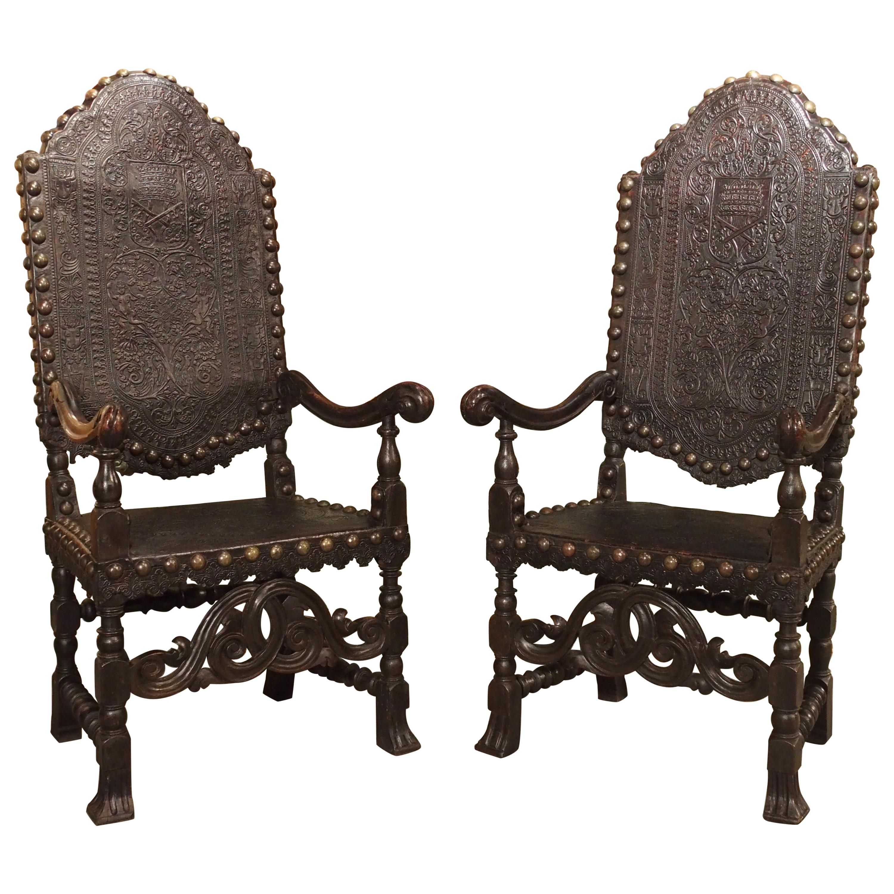 Pair of Antique Tooled Leather and Oak Armchairs from Spain