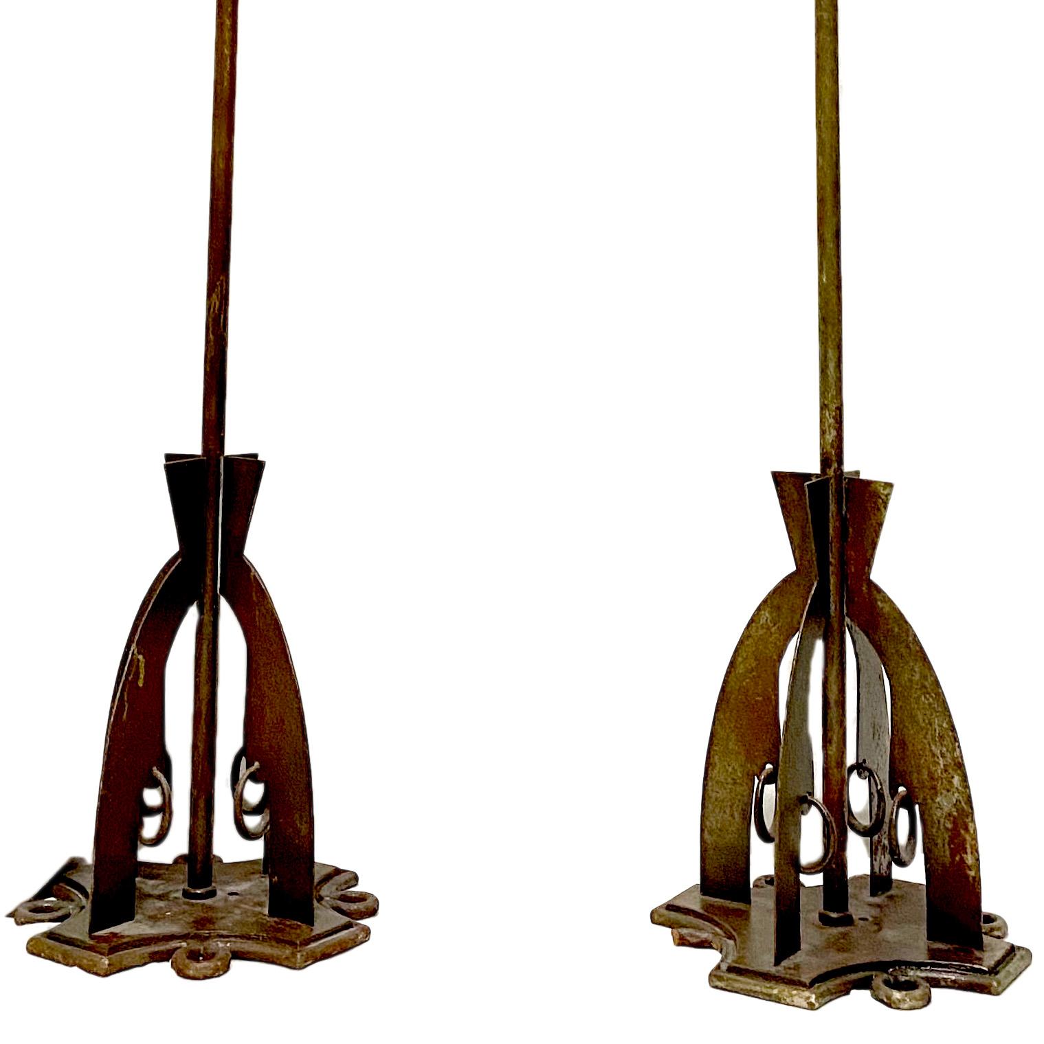 Blown Glass Pair of Antique Torchère Wrought Iron Floor Lamps For Sale