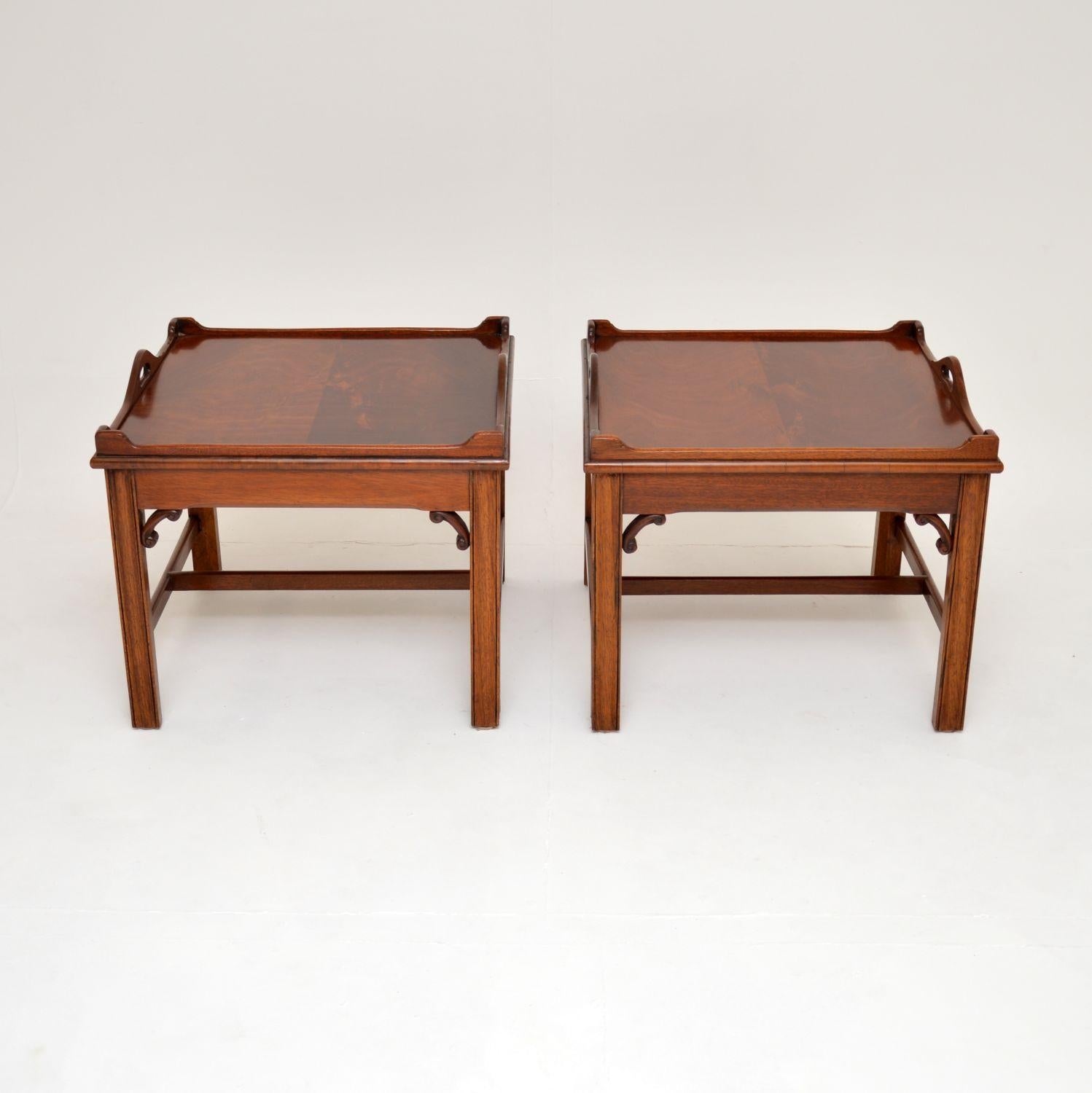 An excellent pair of antique Chippendale style tray top side tables. These were made in England, and date from around the 1930's period.

They are a very useful and impressive size, perfect for use in a lounge either side of a large sofa. The wood