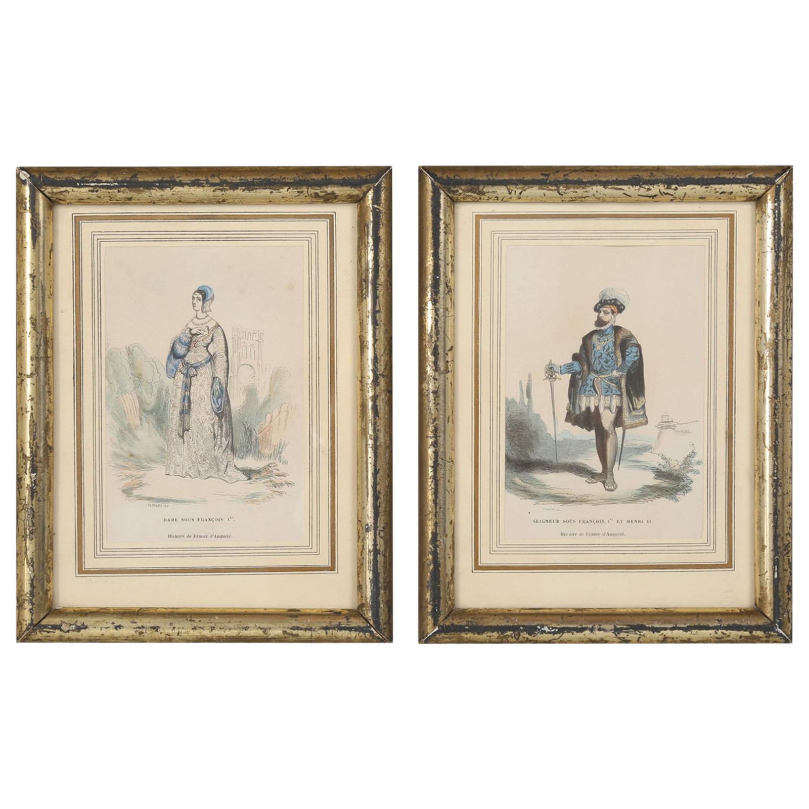 Pair of Antique Tres Petite French Prints, Hand-Colored 