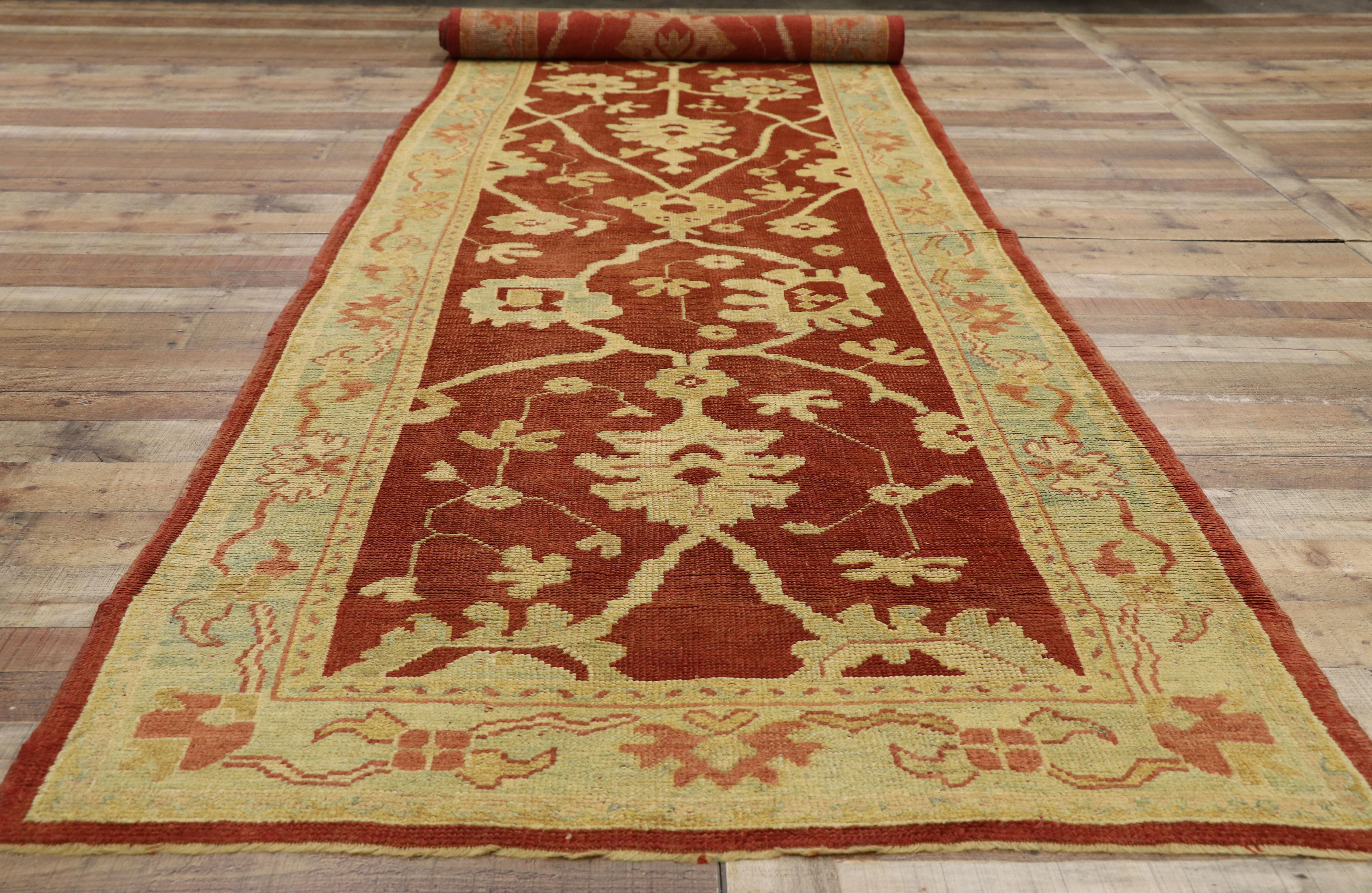 Pair of Antique Turkish Oushak Runners, Extra-Long Hallway Runners For Sale 1