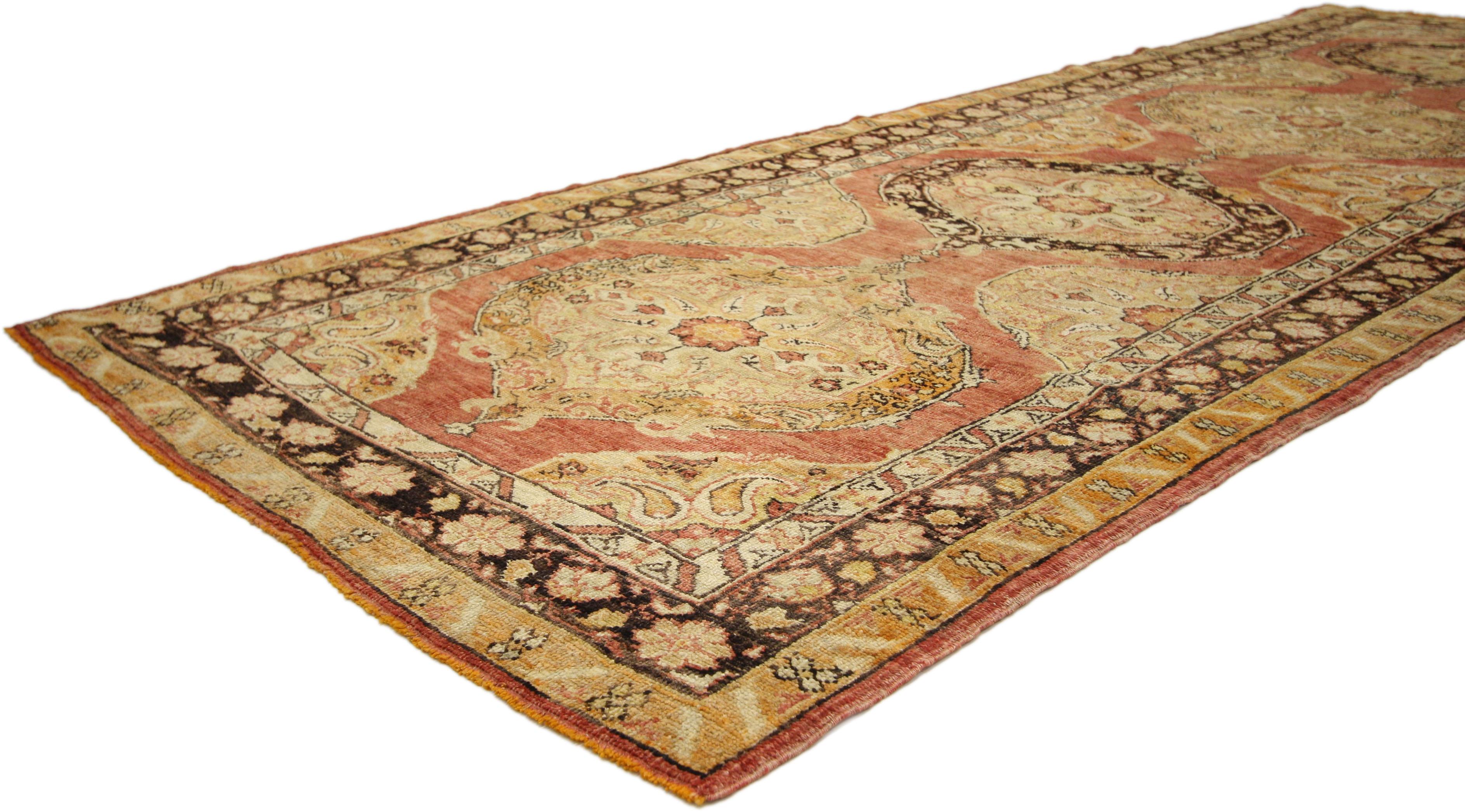 51055-51056 Pair of Vintage Turkish Oushak Runners with Spanish Colonial Tuscan Style. Emanating grace and timeless style, this pair of hand-knotted wool vintage Turkish Oushak runners beautifully embody Spanish Colonial style with rustic Tuscan