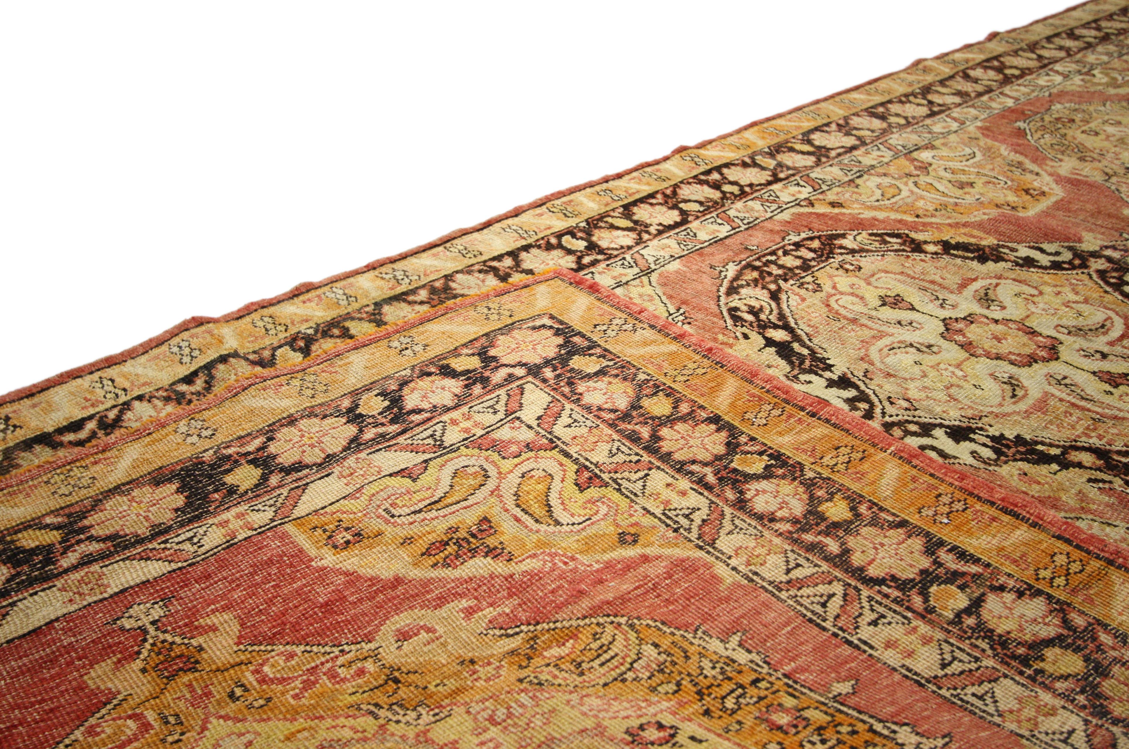 Pair of Vintage Turkish Oushak Rugs, Spanish Colonial Style Meets Rustic Charm For Sale 2