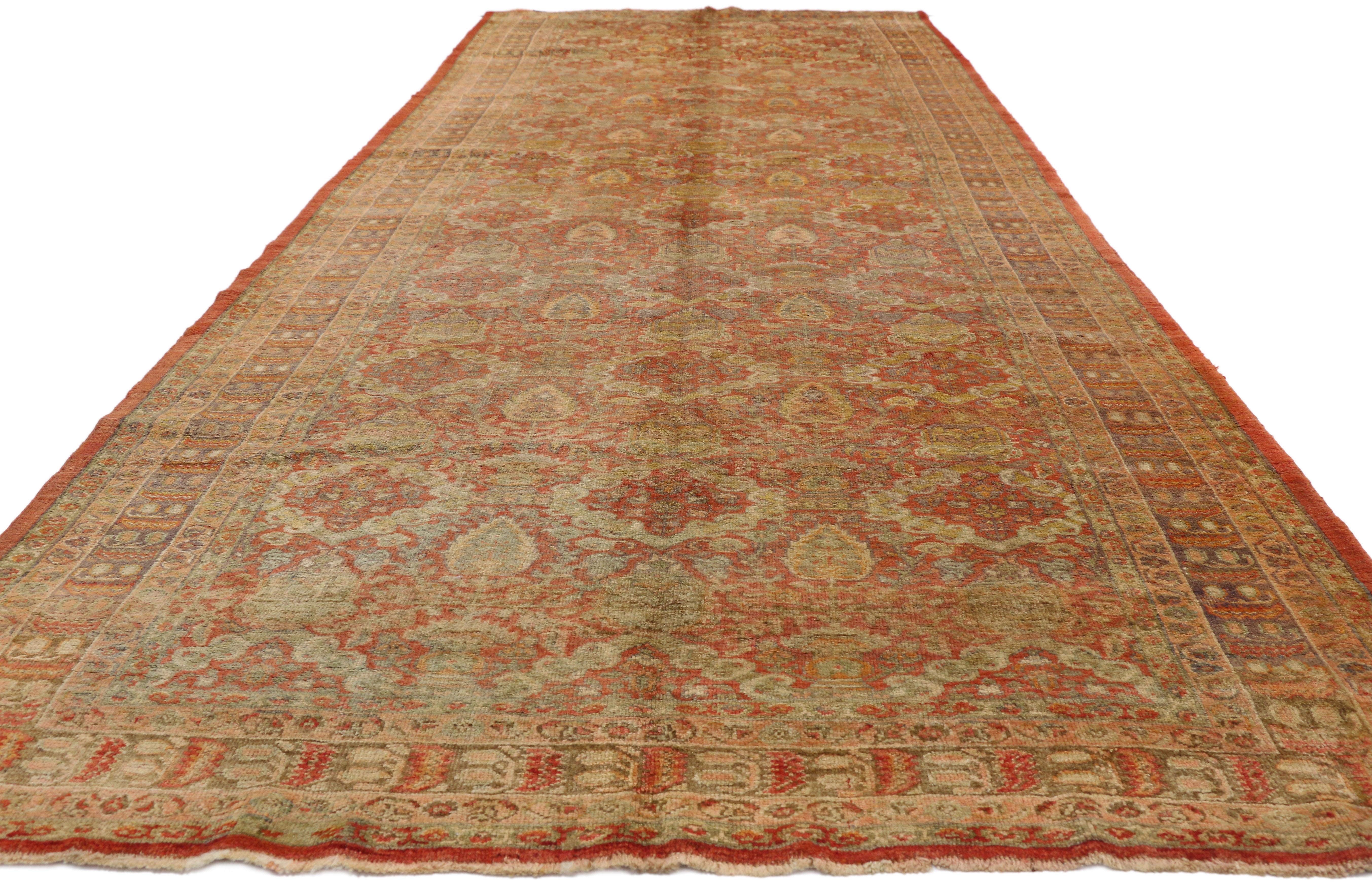 Hand-Knotted Pair of Antique Turkish Oushak Gallery Rugs, Matching Wide Hallway Runners For Sale