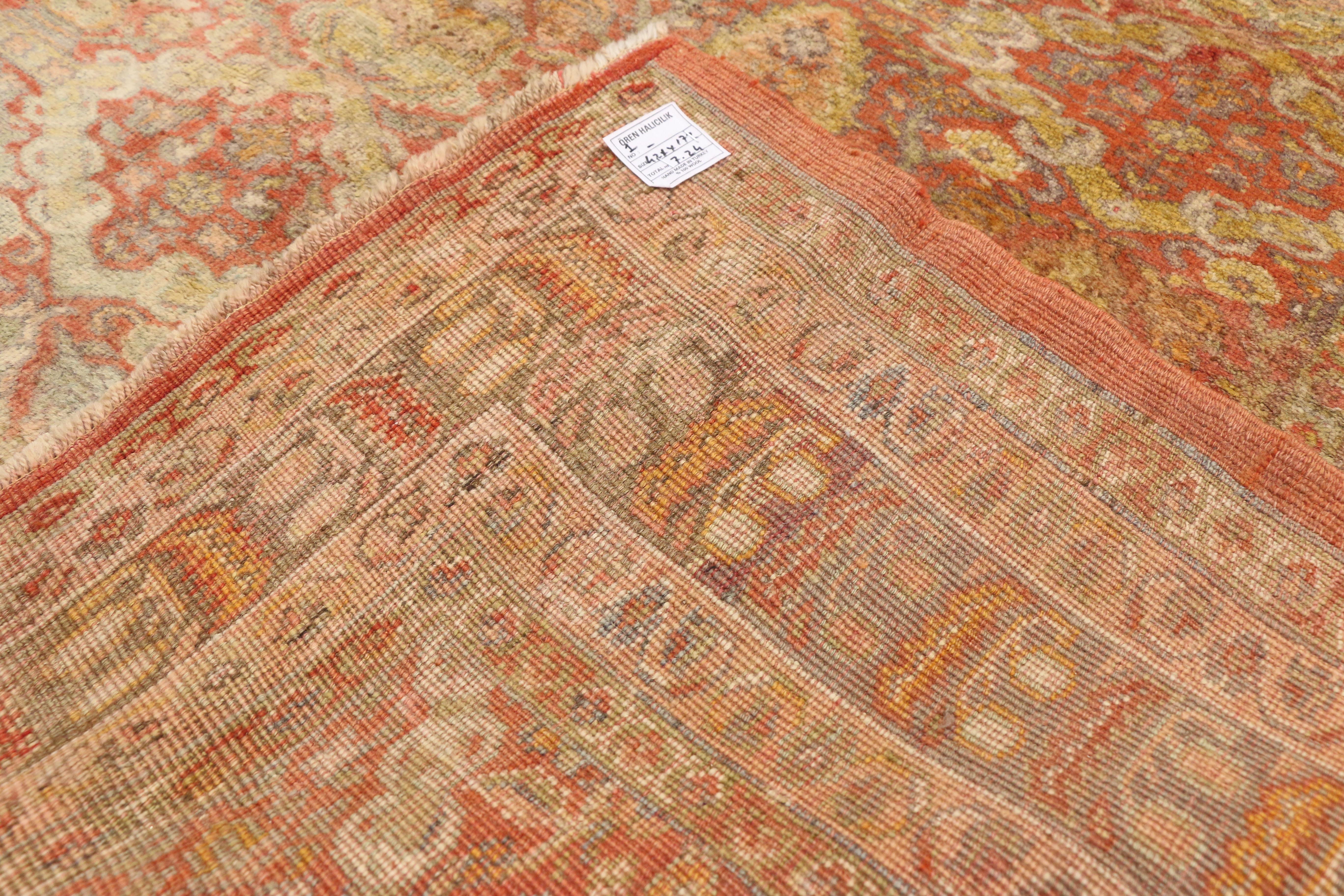 20th Century Pair of Antique Turkish Oushak Gallery Rugs, Matching Wide Hallway Runners For Sale