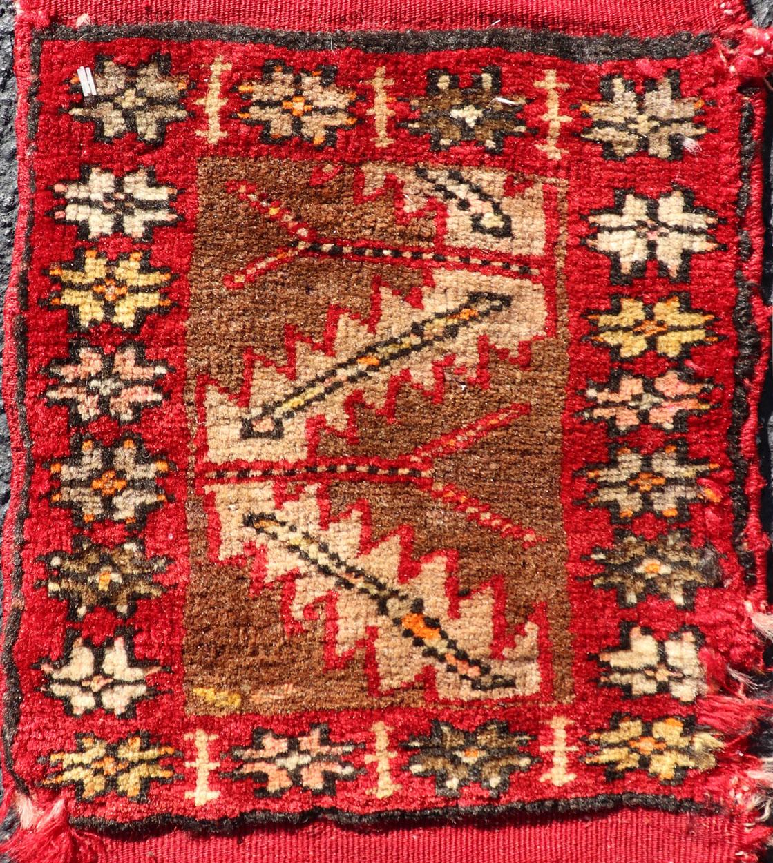 Pair of Antique Turkish Sampler Rugs with Coral, Yellow and Brown Colors In Good Condition For Sale In Atlanta, GA