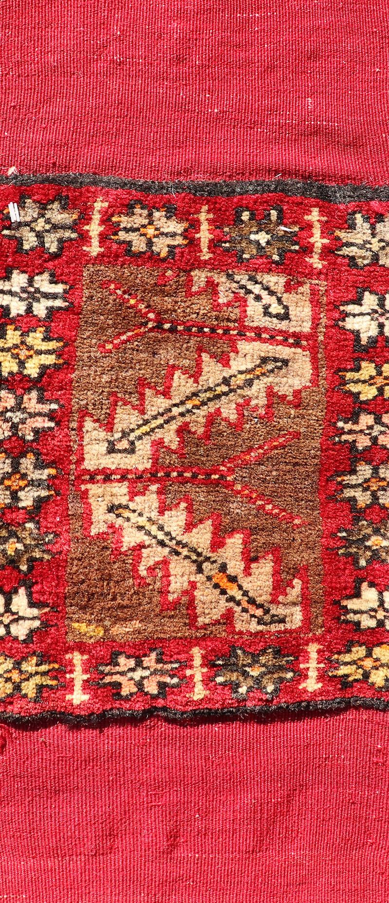 Wool Pair of Antique Turkish Sampler Rugs with Coral, Yellow and Brown Colors For Sale