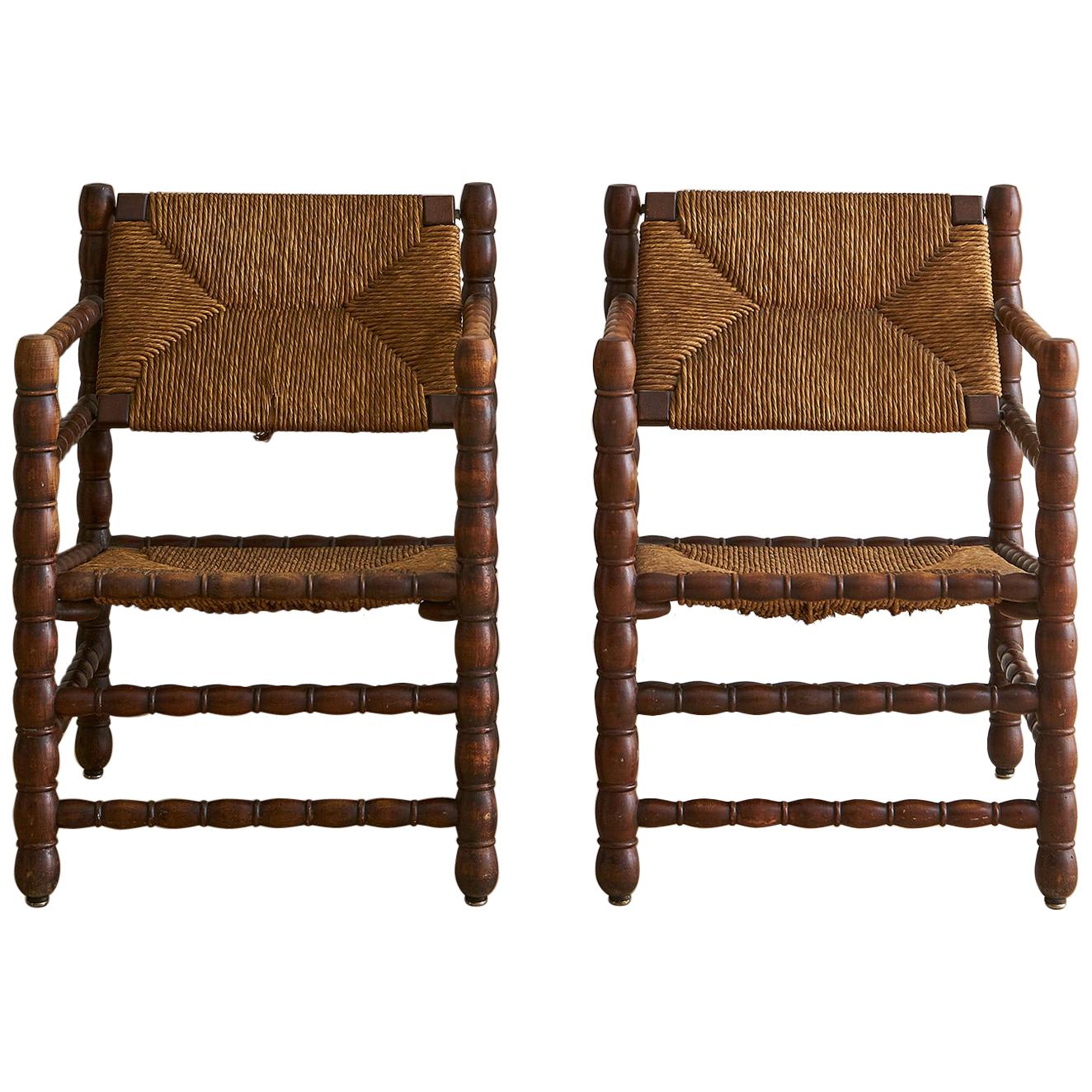 Pair of Antique Rush Seat Painted Side Chairs For Sale at 1stDibs