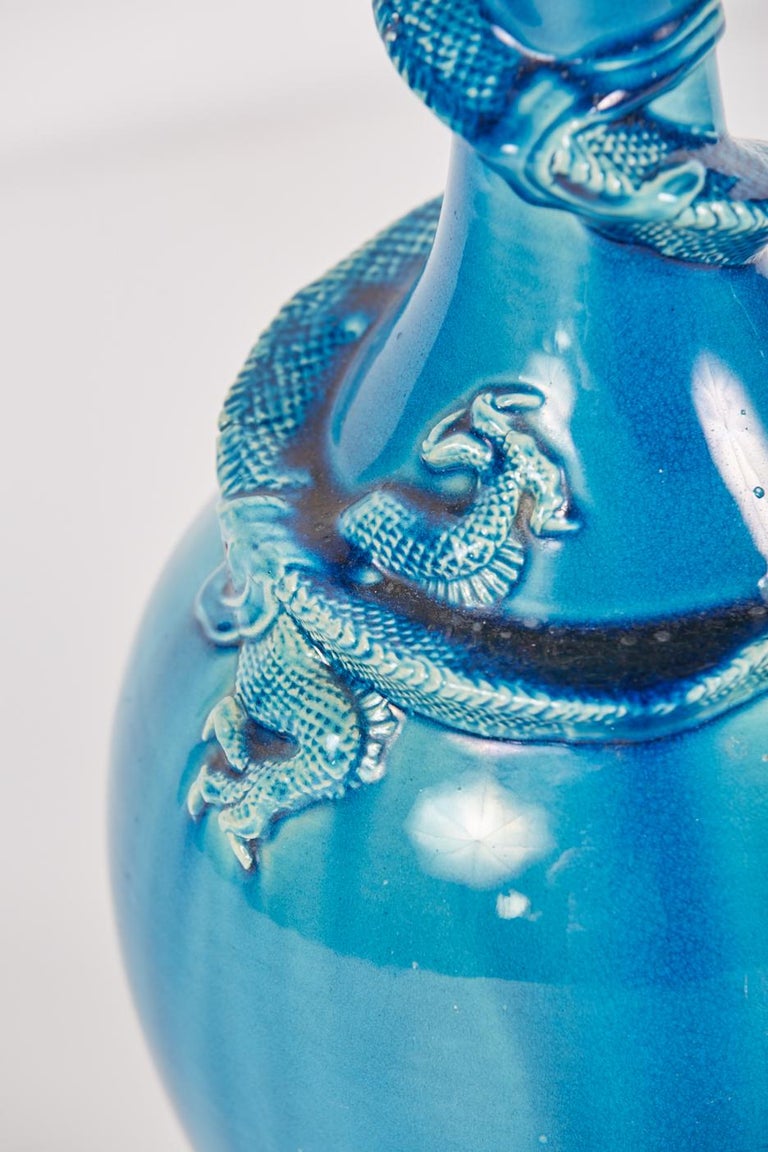 Pair of Antique Turquoise Blue Awaji Dragon Vases at 1stDibs