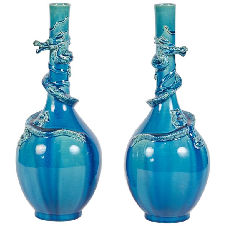 Pair of Antique Turquoise Blue Awaji Dragon Vases