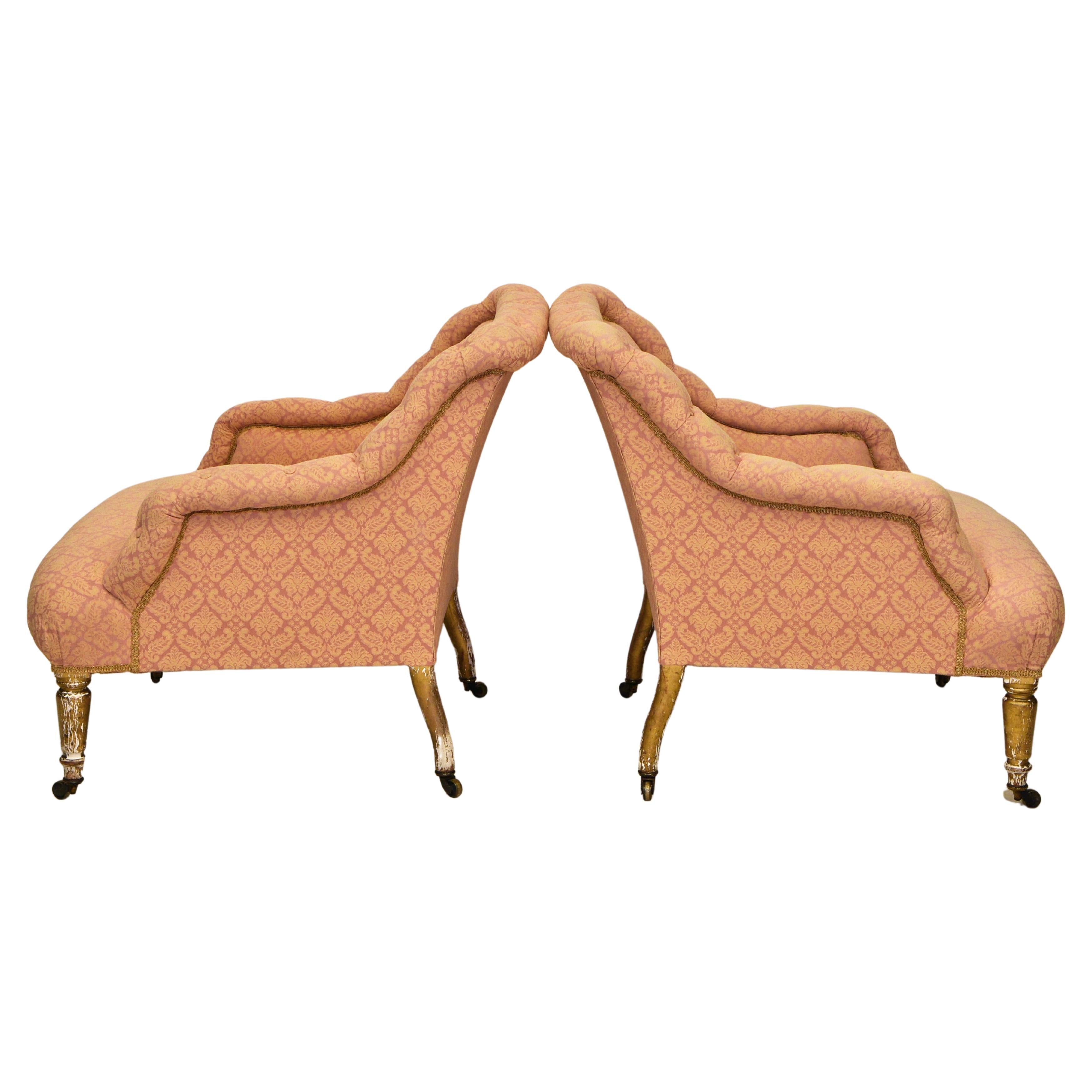 Victorian Pair of Antique Upholstered & Giltwood Armchairs by Mellier & Co London For Sale