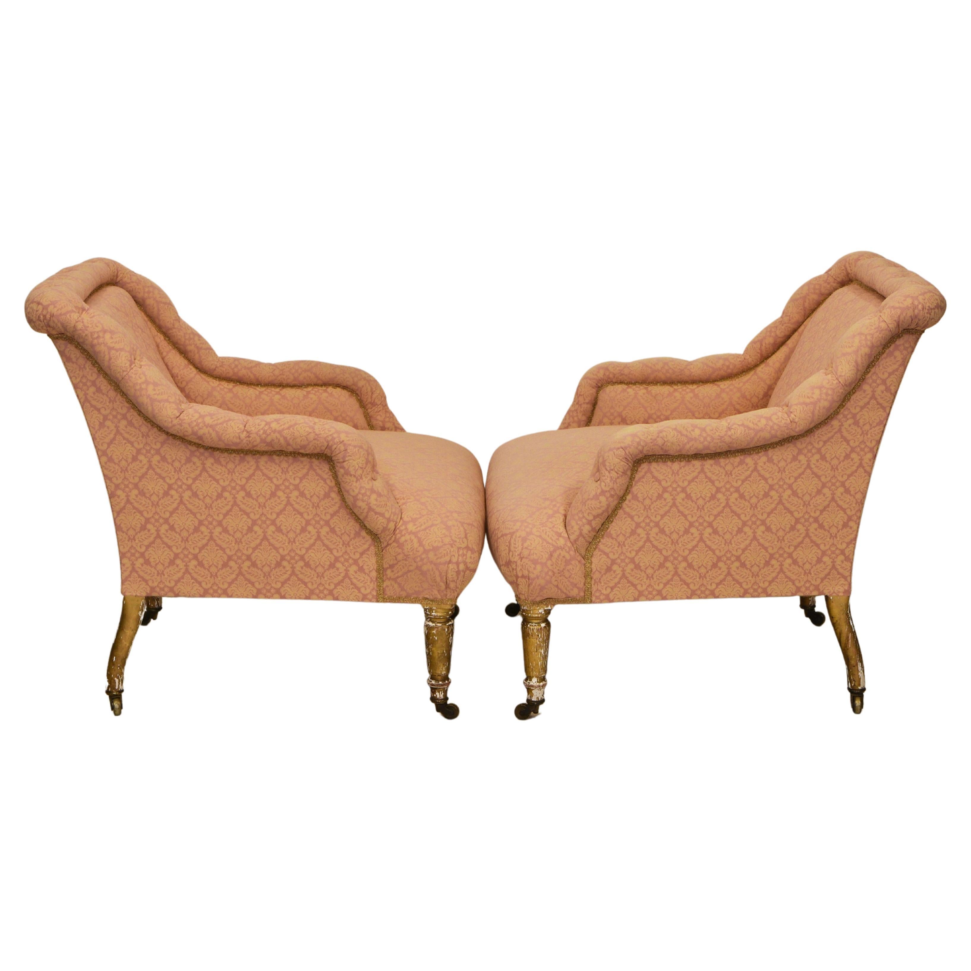 Pair of Antique Upholstered & Giltwood Armchairs by Mellier & Co London In Good Condition For Sale In Norwich, GB