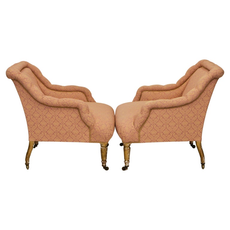 19th Century Pair of Antique Upholstered & Giltwood Armchairs by Mellier & Co London For Sale