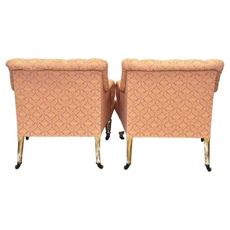 Fabric Pair of Antique Upholstered & Giltwood Armchairs by Mellier & Co London For Sale