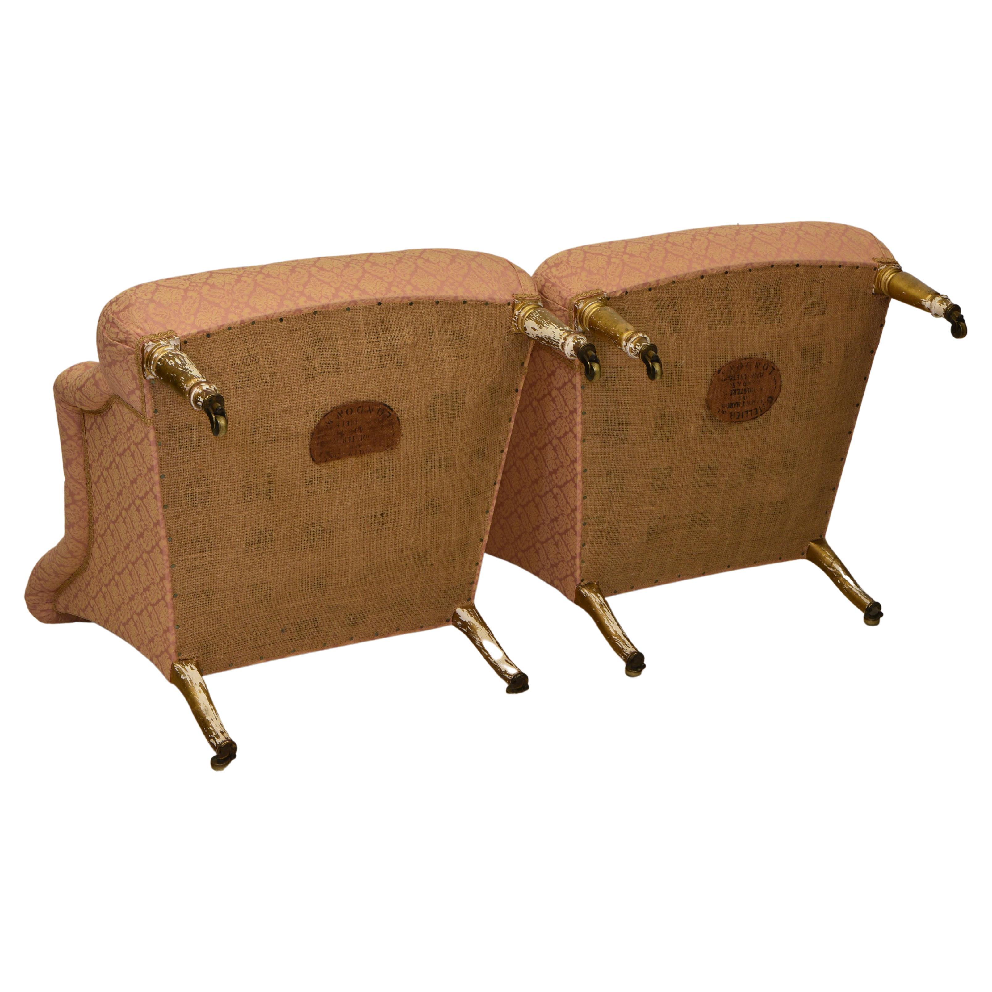 Fabric Pair of Antique Upholstered & Giltwood Armchairs by Mellier & Co London For Sale