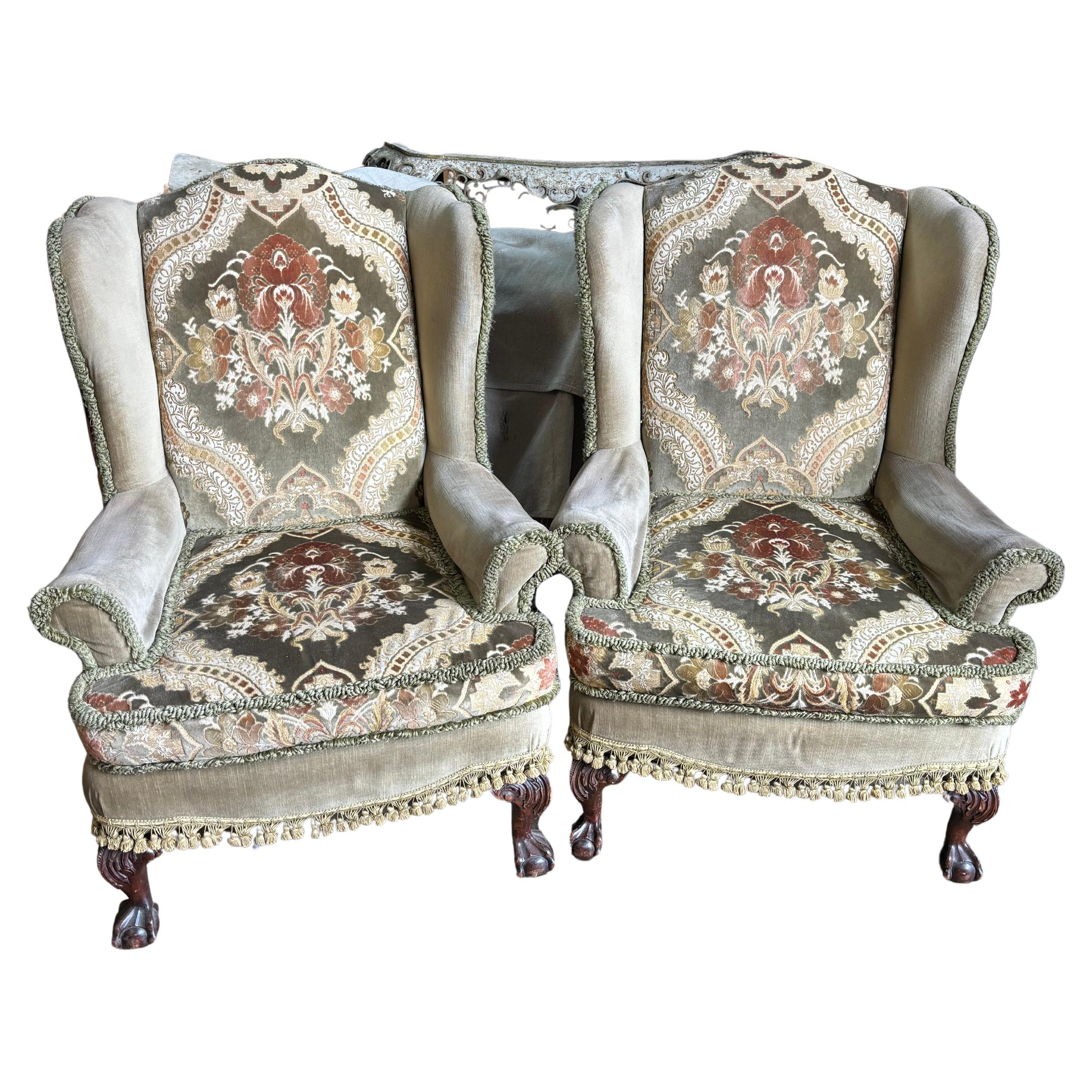 Pair of Antique Upholstered Wingback Armchairs en venta