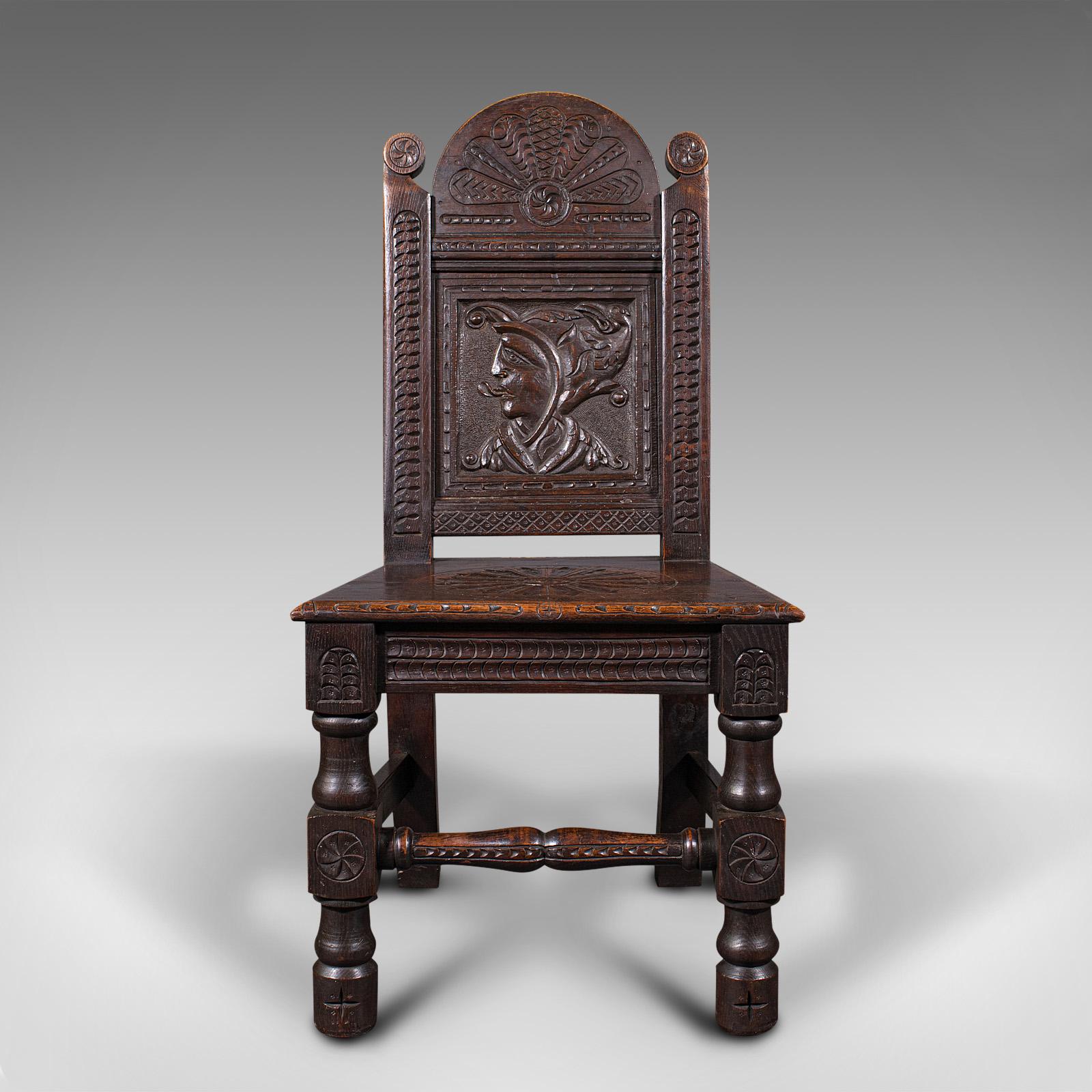 This is a pair of antique Venetian court chairs. An Italian, hand-carved oak decorative seat, dating to the Victorian period, circa 1890.

Fascinating chairs, with eye-catching detail throughout
Displays a desirable aged patina and in good