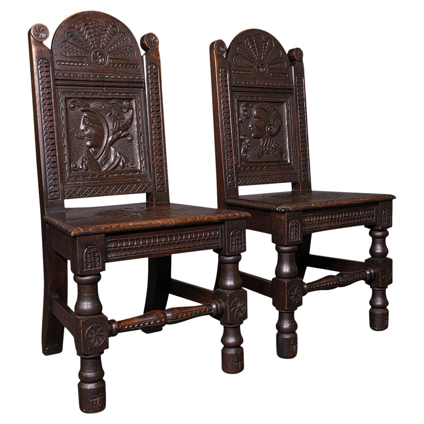 Pair of Antique Venetian Court Chairs, Italian, Oak, Decorative Seat, Victorian For Sale