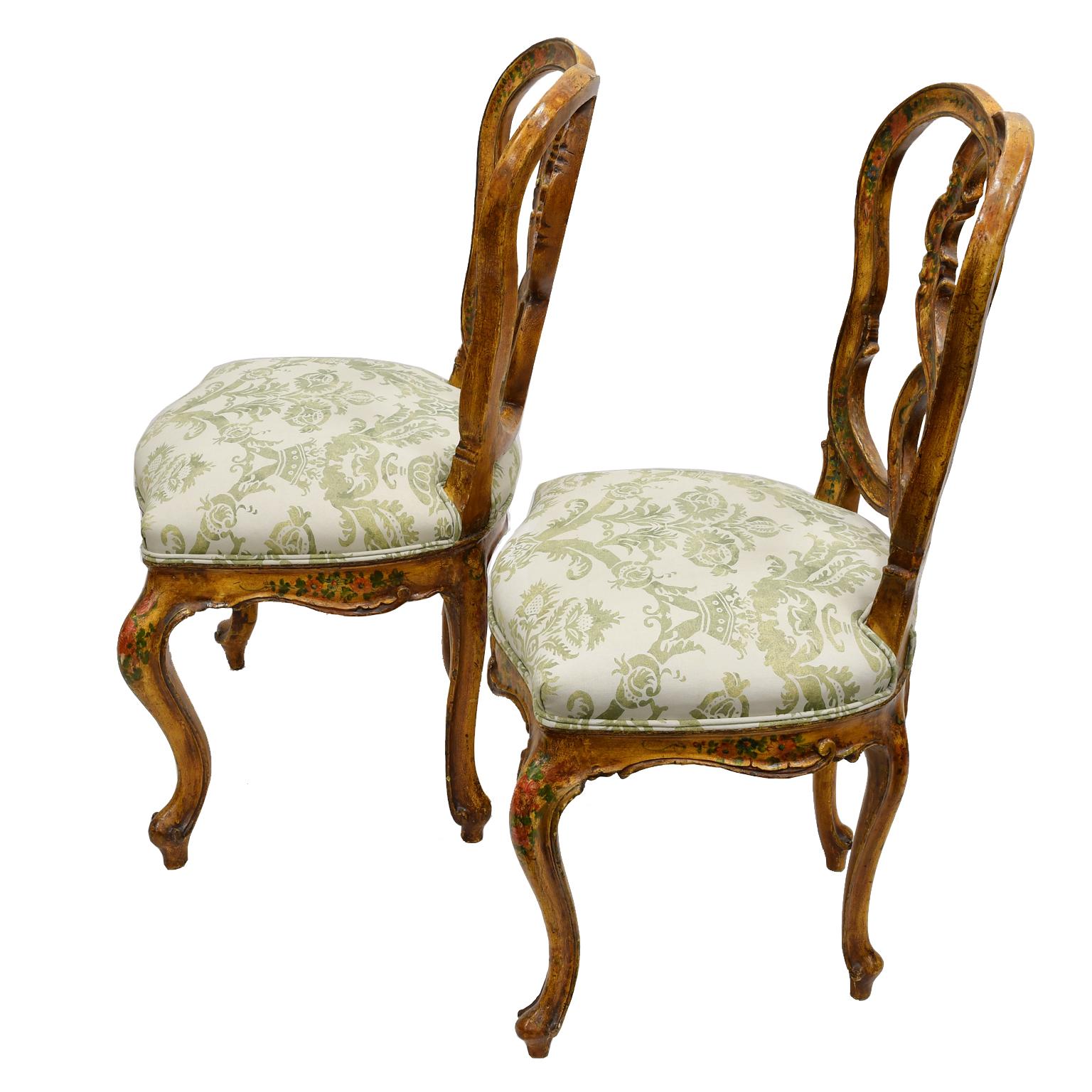 Baroque Pair of Antique Venetian Dining Chairs in Yellow Paint with Flowers & Upholstery