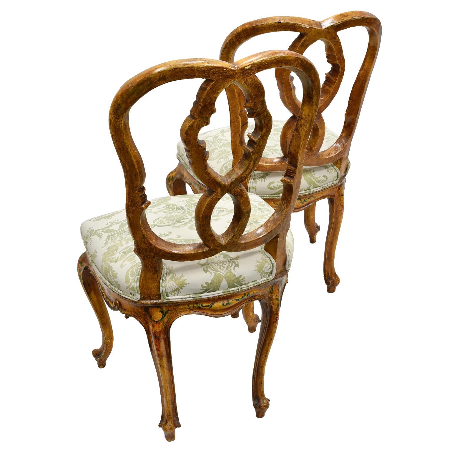 Italian Pair of Antique Venetian Dining Chairs in Yellow Paint with Flowers & Upholstery