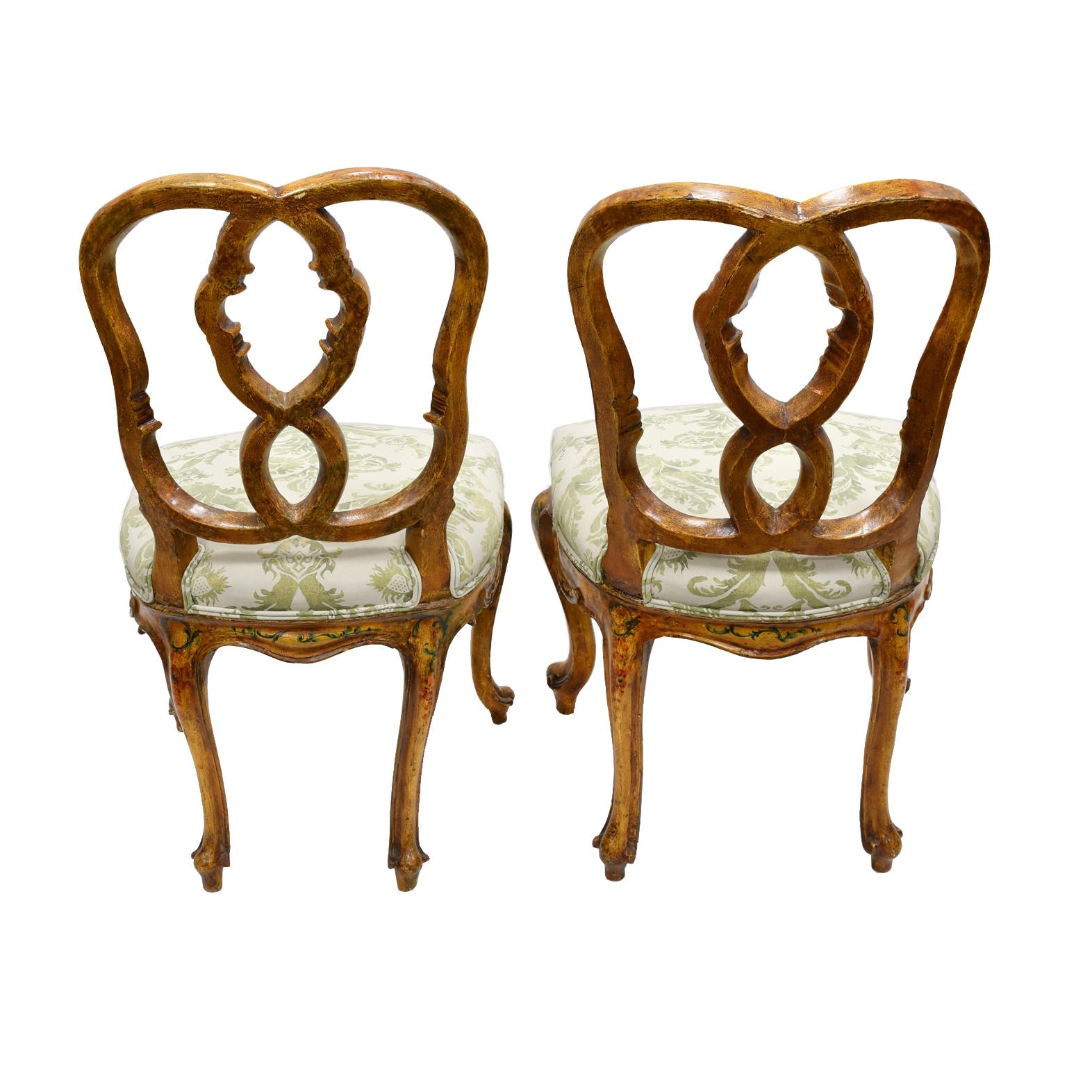 Hand-Carved Pair of Antique Venetian Dining Chairs in Yellow Paint with Flowers & Upholstery