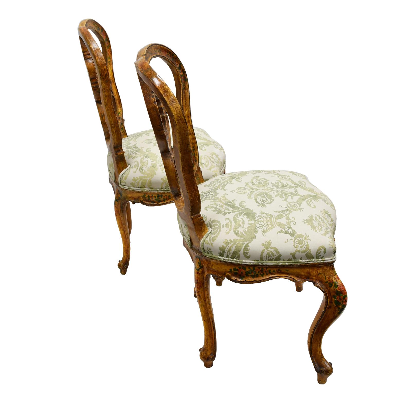 19th Century Pair of Antique Venetian Dining Chairs in Yellow Paint with Flowers & Upholstery