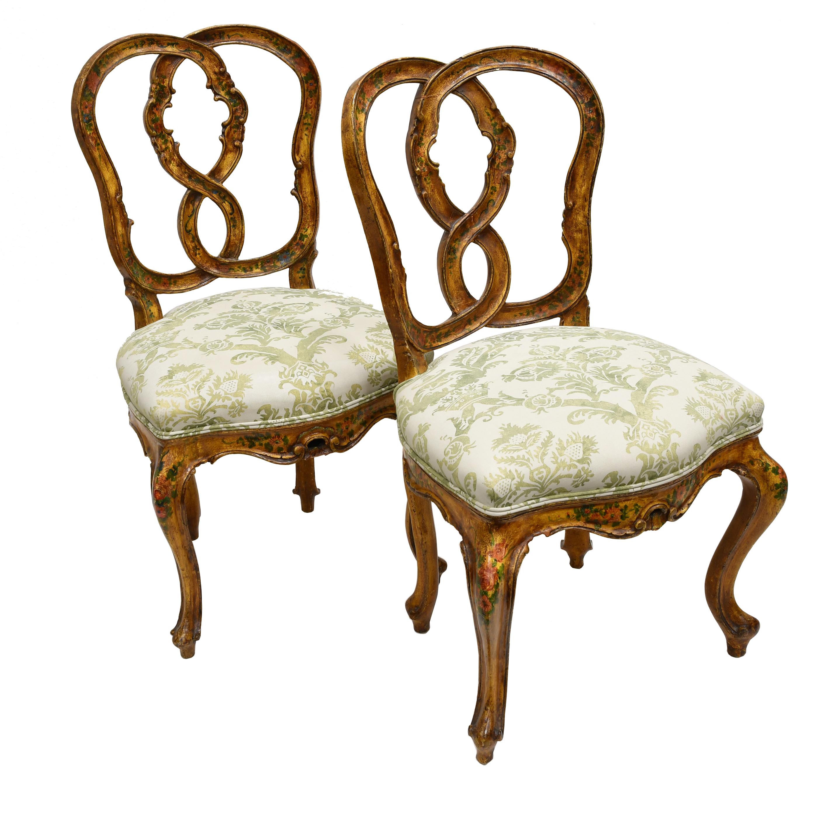 Wood Pair of Antique Venetian Dining Chairs in Yellow Paint with Flowers & Upholstery