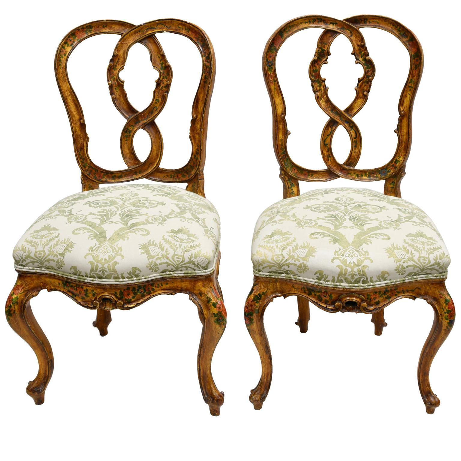 Pair of Antique Venetian Dining Chairs in Yellow Paint with Flowers & Upholstery