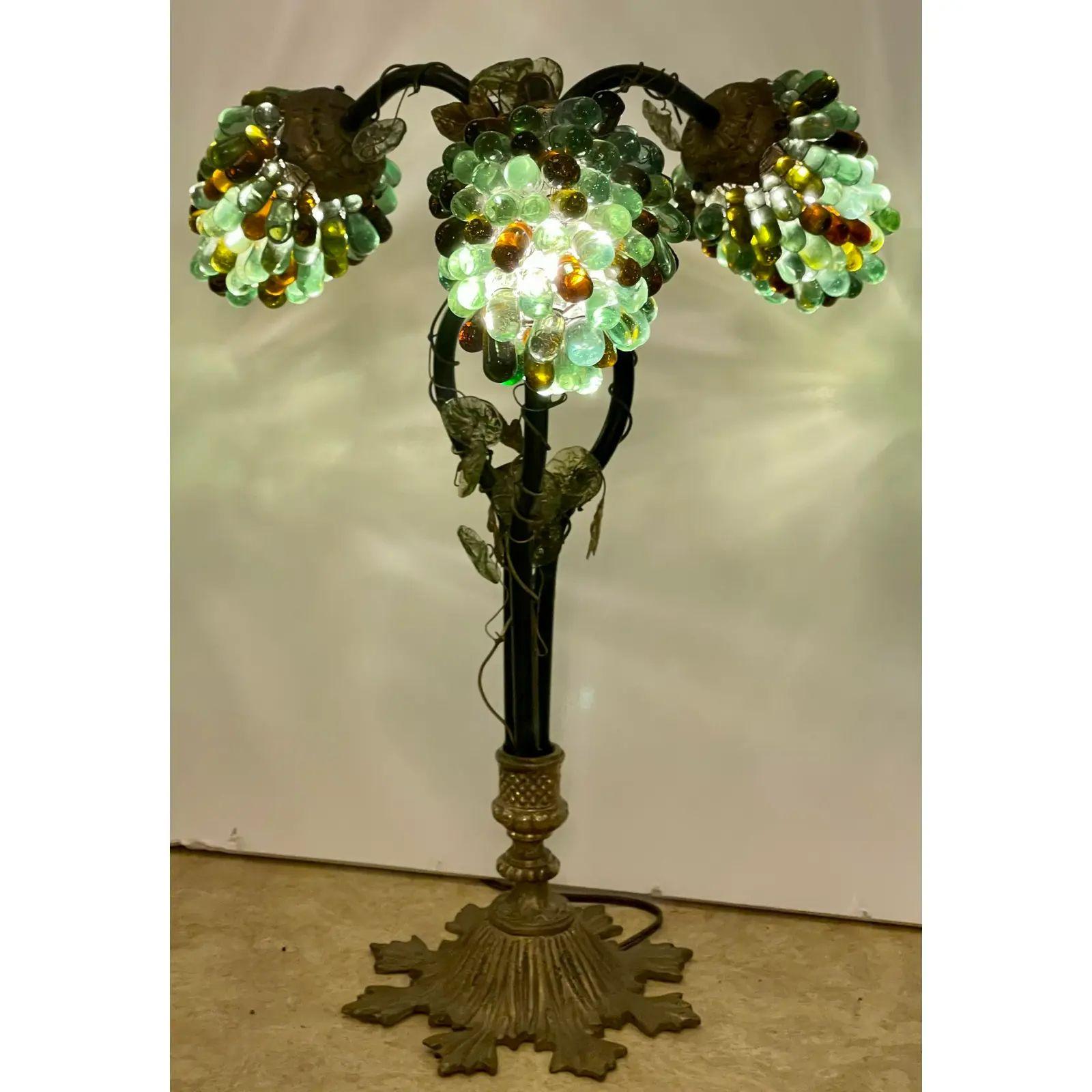 20th Century Pair of Antique Venetian Glass and Bronze Grape Cluster Table Lamps