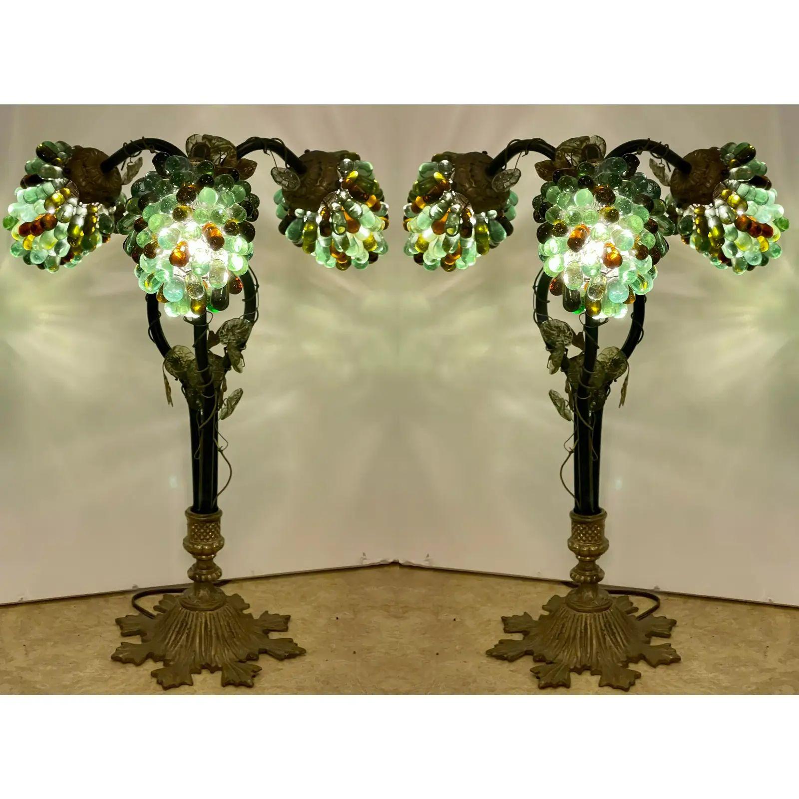 Pair of Antique Venetian Glass and Bronze Grape Cluster Table Lamps 1