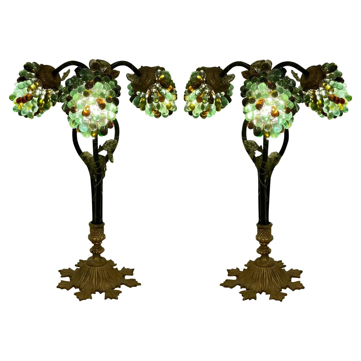 Pair of Antique Venetian Glass and Bronze Grape Cluster Table Lamps