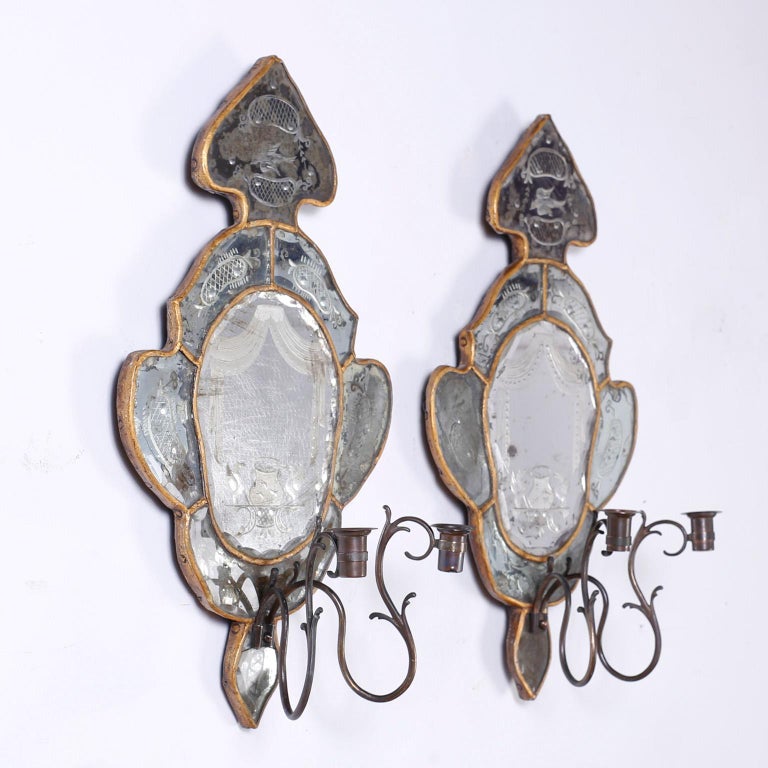 Pair of Antique Mirrored Wall Sconces For Sale at 1stDibs